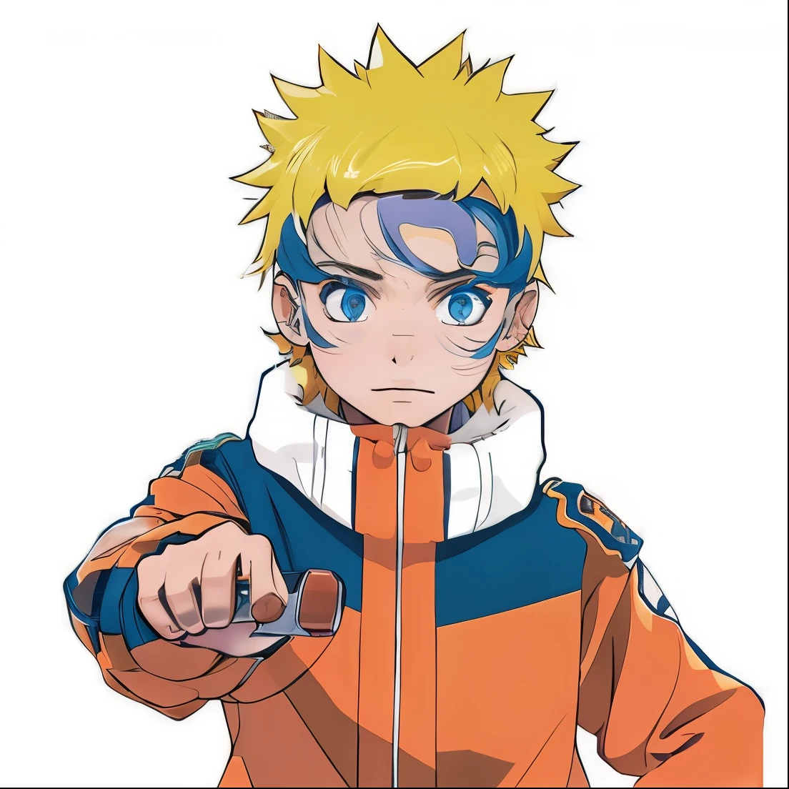 1boy, orange and blue jacket, blue eyes