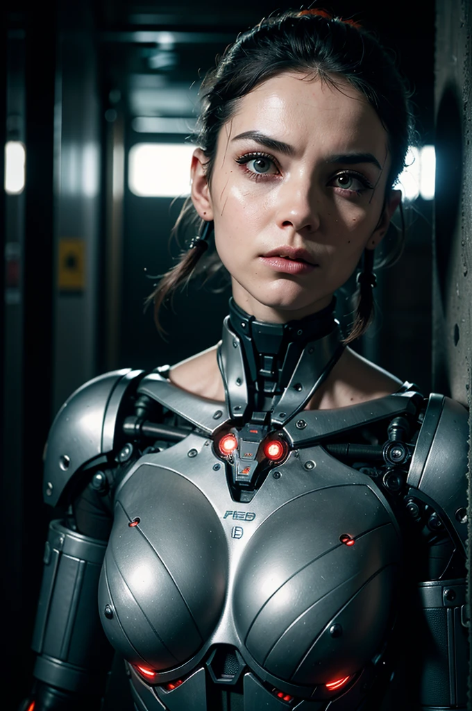 one woman, Brutal woman, cyborg, mechanical body, mechanical implants on the face, mechanical arms and legs, mechanical spine, robot, stern face, cybernetic face, red eyes, horror, fear, horror, in a dark corridor, cyberpunk style, night,  dark atmosphere, debris everywhere, eye contact, looking at viewer, masterpiece, best quality, perfect detail, perfect face detail, perfect eye detail, perfect skin detail, depth of field, perfect lighting