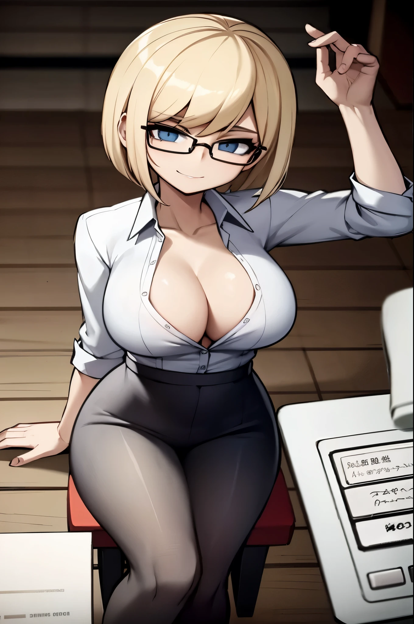 anime girl with glasses sitting on a chair with a cigarette in her hand, (sfw) seguro para o trabalho, thick lens glasses, with glasses, nerd appearance, copos grandes, decote, roupas reveladoras, with glasses on, grosso, nerd, tocando suas roupas, wearing glasses, garota anime sedutora, vestido casualmente, !!wearing glasses!!, librarian, sorriso provocador, office clothes