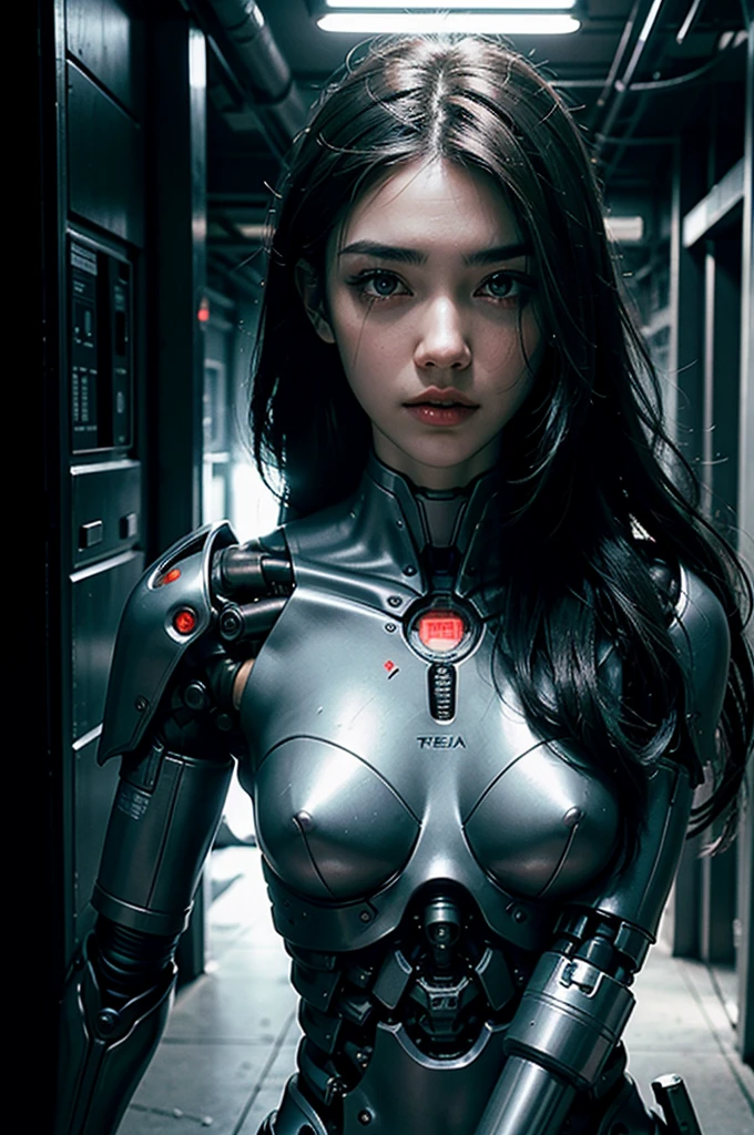 one woman, Brutal woman, cyborg, mechanical body, mechanical implants on the face, mechanical arms and legs, mechanical spine, robot, stern face, cybernetic face, red eyes, horror, fear, horror, in a dark corridor, cyberpunk style, night,  dark atmosphere, debris everywhere, eye contact, looking at viewer, masterpiece, best quality, perfect detail, perfect face detail, perfect eye detail, perfect skin detail, depth of field, perfect lighting