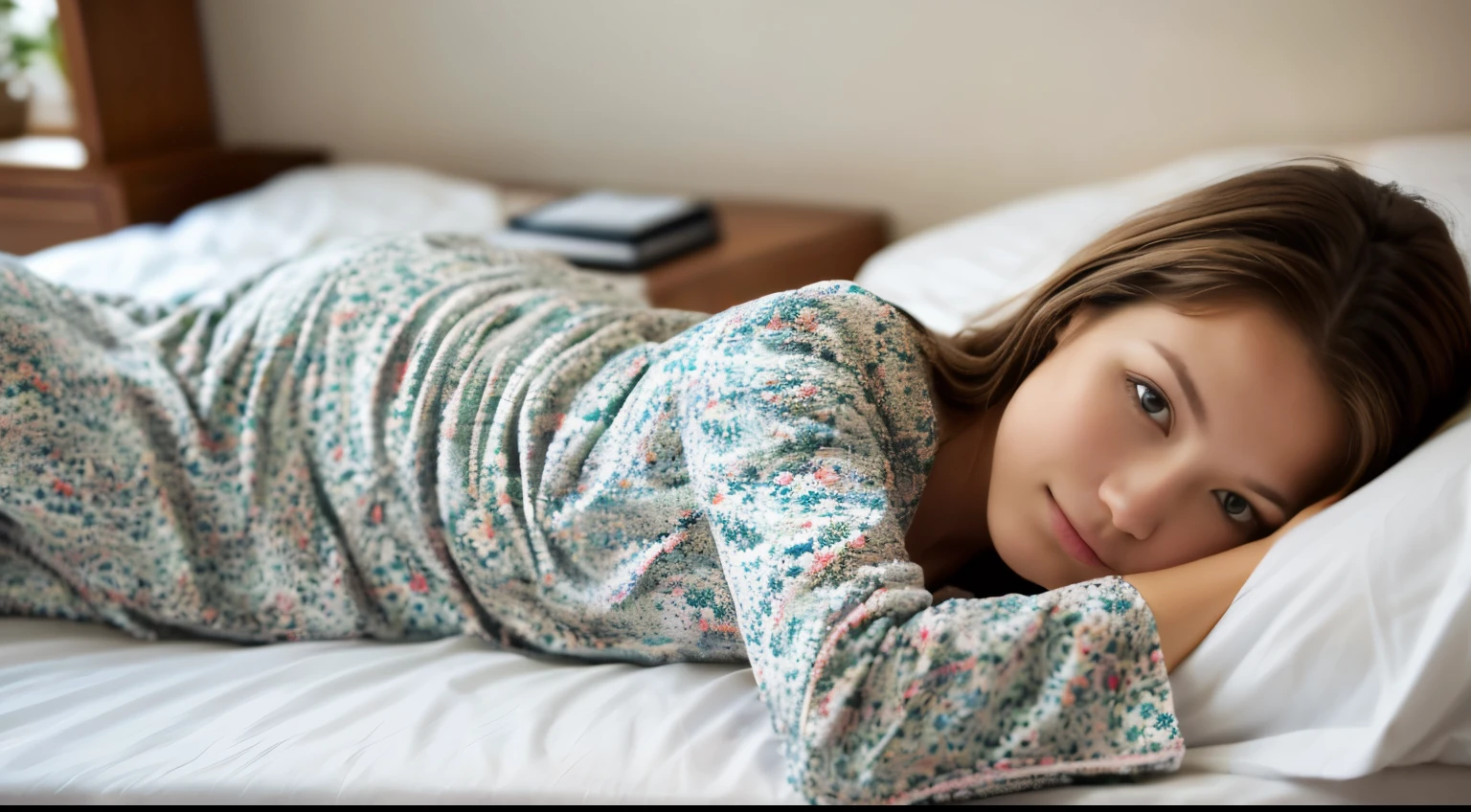 white woman, lie on her bed, wearing pajama suit, 8k ultra high definition, DSLR, f/1.2, f/1.8, f/2.8, f/4.0, over exposure, full body image,