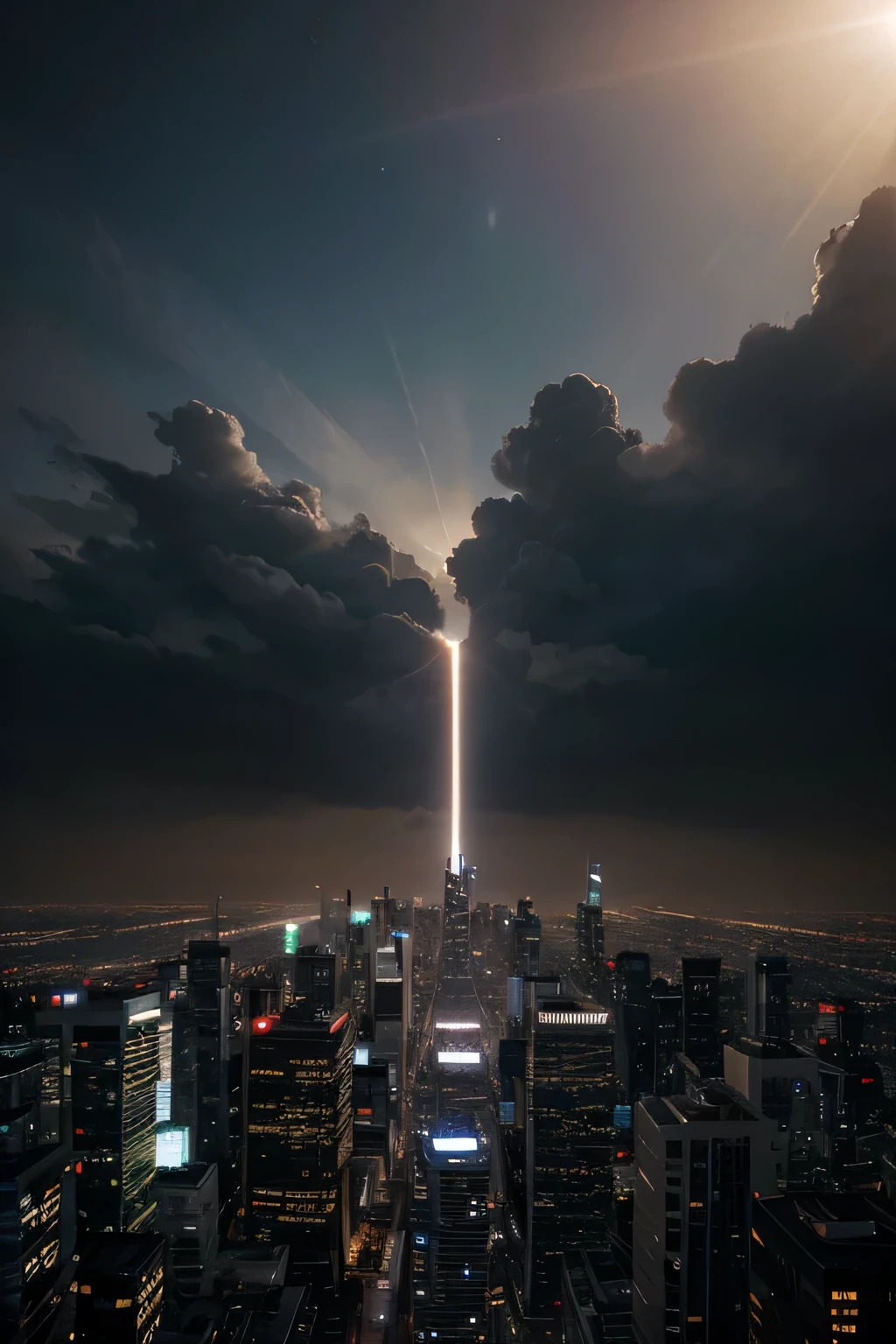 An ethereal beam of light stretches across a futuristic cityscape, connecting two towering skyscrapers. People and vehicles vanish into the glow at one end and materialize at the other, their silhouettes outlined against the backdrop of gleaming buildings and bustling streets. The scene evokes a sense of seamless movement and boundless connectivity, capturing the essence of teleportation in a world where distance is no obstacle.