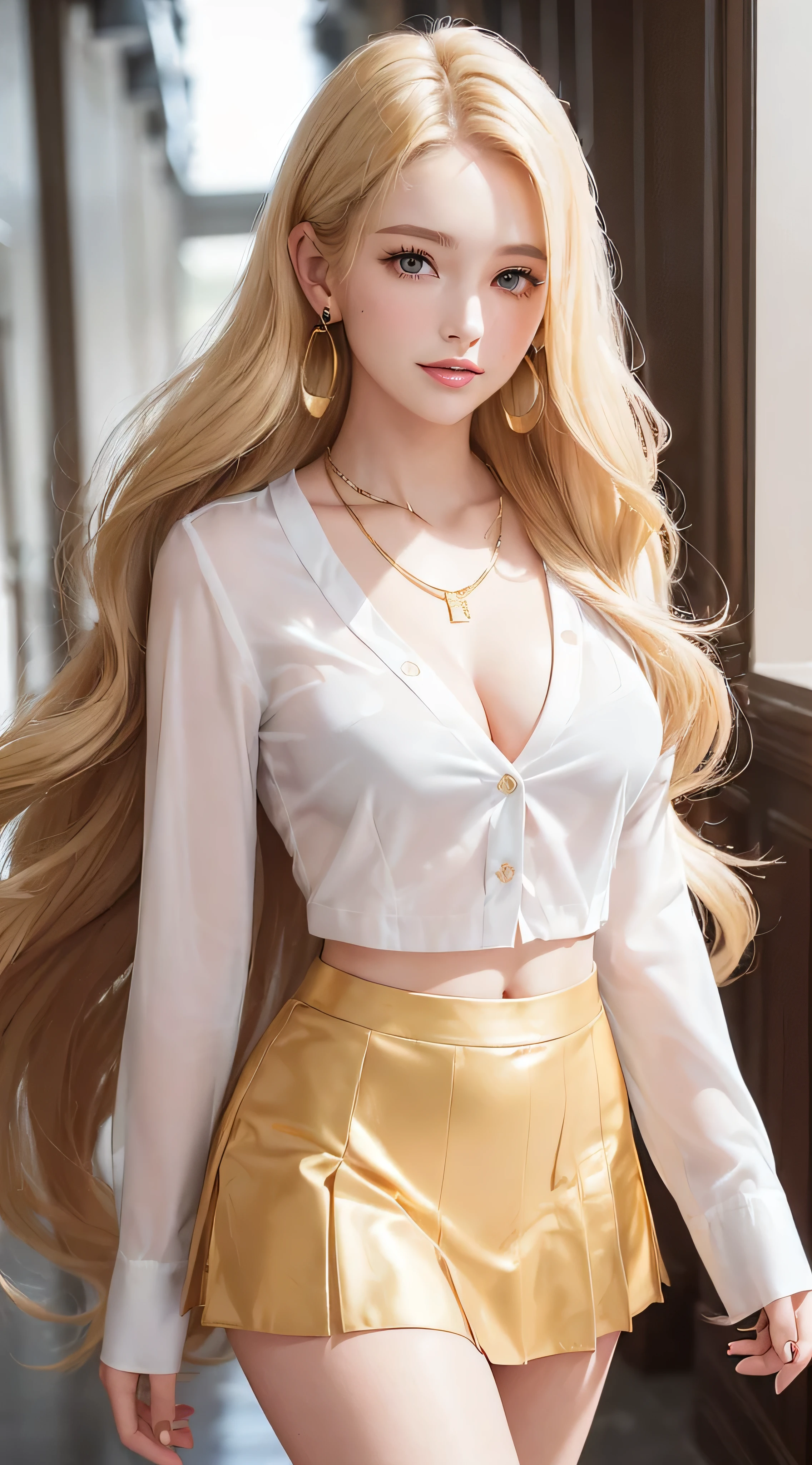 European and American women, Fashion Model, Glamour, blonde hair, With bangs、brown eyes, 8K, high quality, masterpiece, 最high quality, HD, very detailed、voluminous lighting, photorealistic、((Super long blonde hair:1.2))((Hair with loose waves inside:1.2)),((gold necklace_Large earrings:1.2)),((school uniform_white long sleeve button up blouse_with collar_White pleated mini skirt:1.3)),((shy smile:1.3)),((school hallway_There are many students_running towards me alone_The hem of the skirt is rolling up_hair is flowing:1.3))((hat is off))、((Open up to the second button_White bra is sheer:1.5))