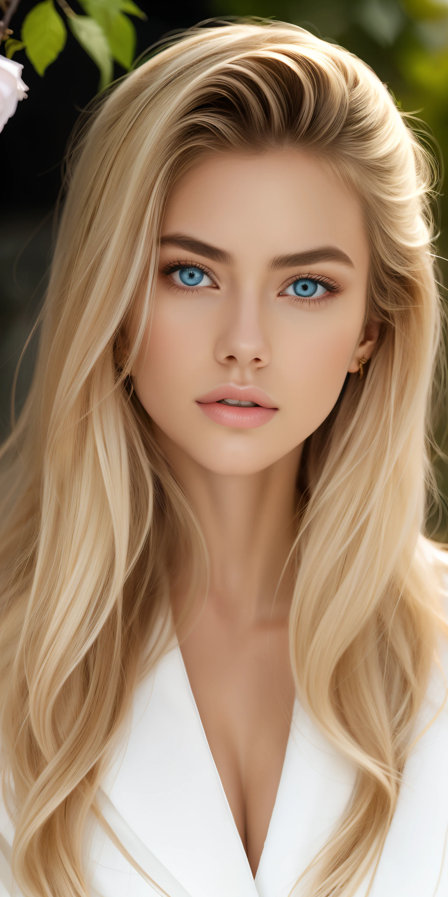 obra de arte, Mais alta qualidade, (Sozinho focus), (rosto perfeito:1.1), (alto detalhe:1.1), (olhos hiper detalhados), dramatic, 1 garota, (pale skin), Cabelo branco comprido, ethereal eyes, (sobrancelhas claras), Sozinho, Cabelo longo, , Lua, noite, terno de luxo branco, pouty lips, pelagem, proud expression,jardim, fundo detalhado, arte por artgerm, cinematic lighting, rosas, moda, BalenciagaStyle