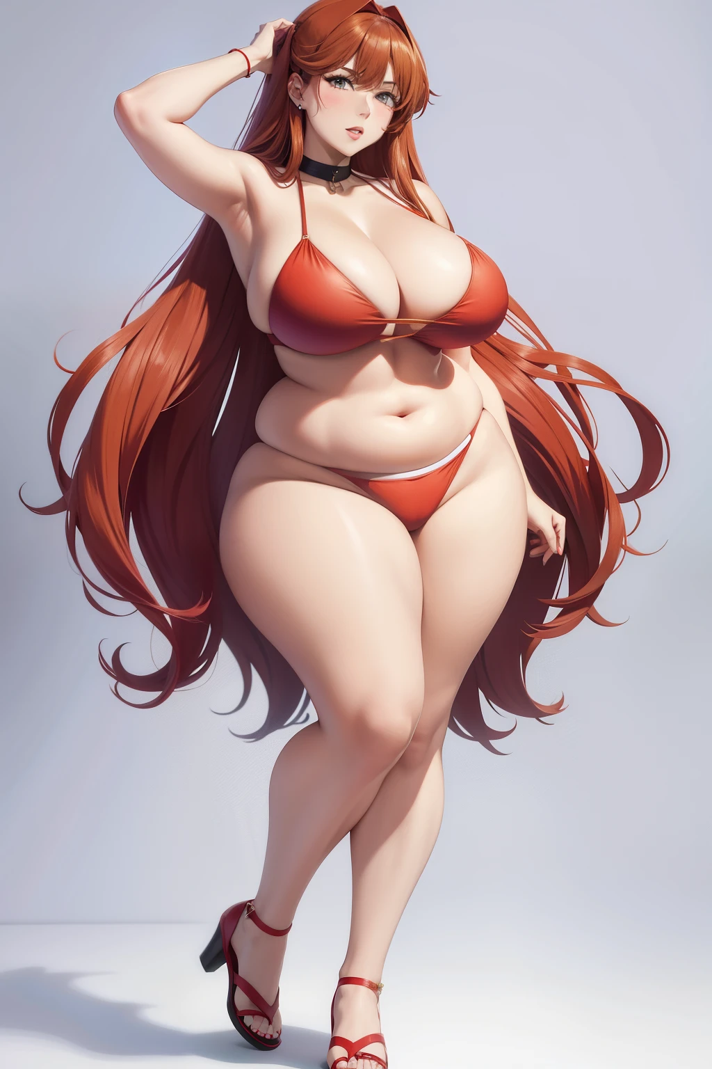 Full body portrait photo of anime bbw girl in red bikini with long hair and big breasts, very fat curvy body, wide waist and wide hips, round and beautiful face, very similar portrait of asuka langley Soryu, asuka langley, anime female characters, Evangelion beautiful girl, That&#39;s Junji&#39;s style, Asuka from Evangelion,  cel shaded anime