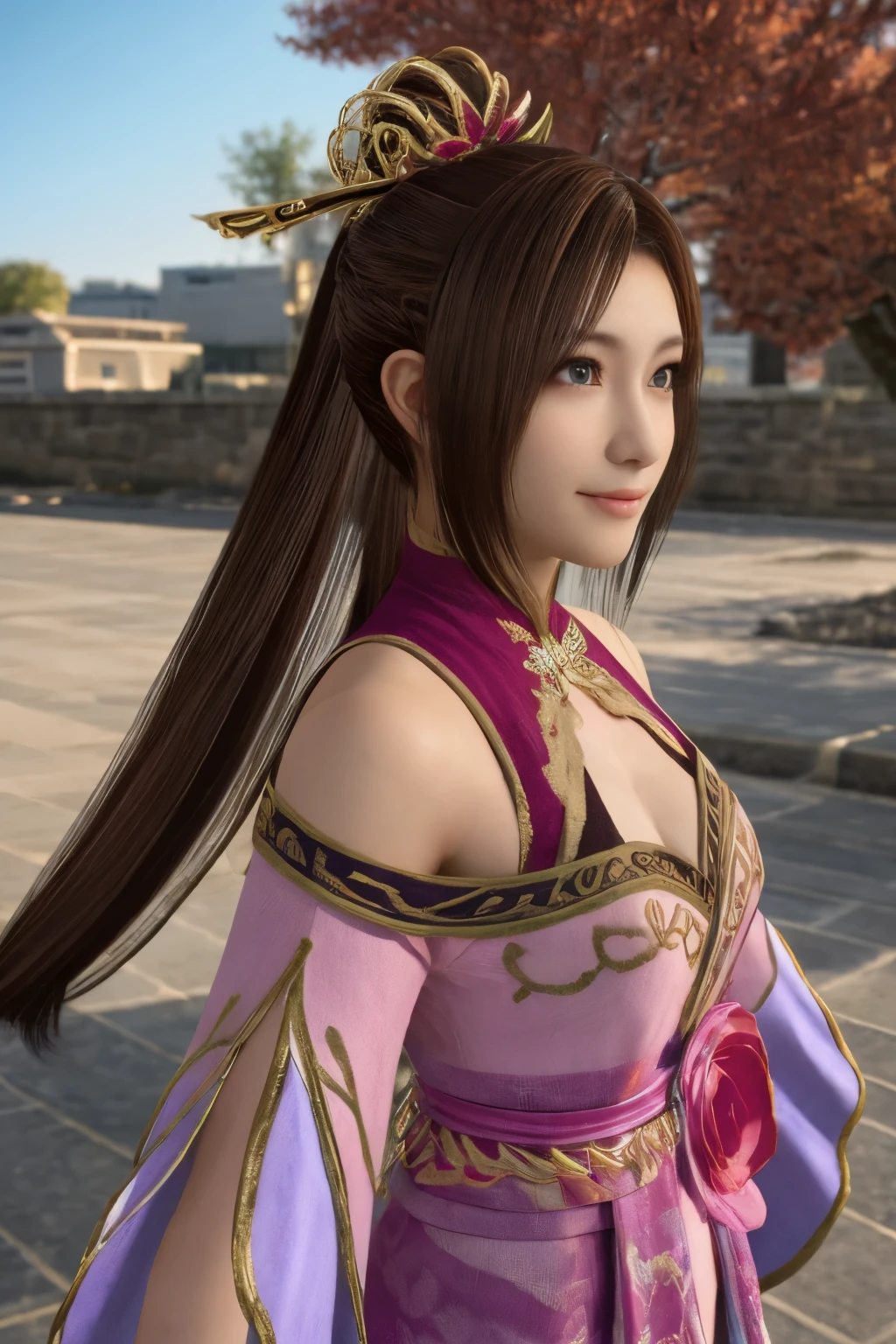 Diaochan from Sangoku Musou 8,masterpiece、1 cute girl、17-year-old high school student、smile,fine eyes、puffy eyes、bright outdoors,Bright downtown、highest quality, 超High resolution, (reality: 1.4), movie lighting、Japanese、asian beauty、Korean、super beautiful、beautiful skin、body facing forward、whole body,Upper body、(超reality的な)、(High resolution)、(8K)、(very detailed)、(美しくfine eyes)、(Super detailed)、 (wall-)、detailed face、bright lighting、professional lighting、looking at the viewer、look straight ahead、slanted bangs、brown hair、Nogizaka idol、