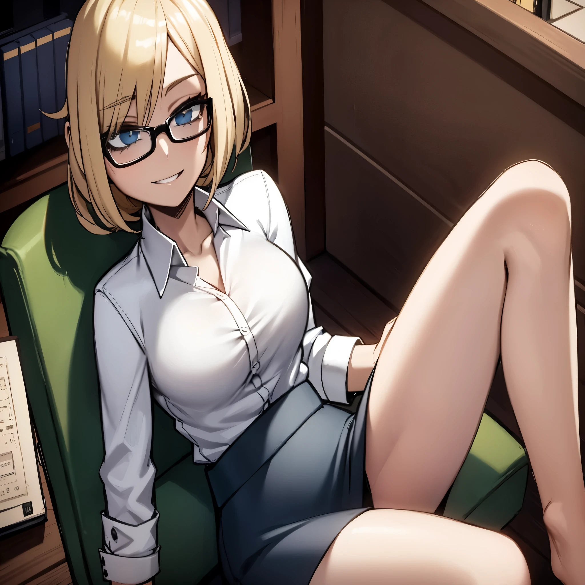 anime - style image of a woman with glasses sitting on a chair, a hyperrealista , hyperrealista , realista , garota anime sedutora, thick lens glasses, arte cg de anime suave, copos grandes, sorriso fofo e levemente nerd, with glasses, nerdy appearance, 2b, 2b, Gwen Stacy, sorriso provocador, [ arte digital 4k ]!!