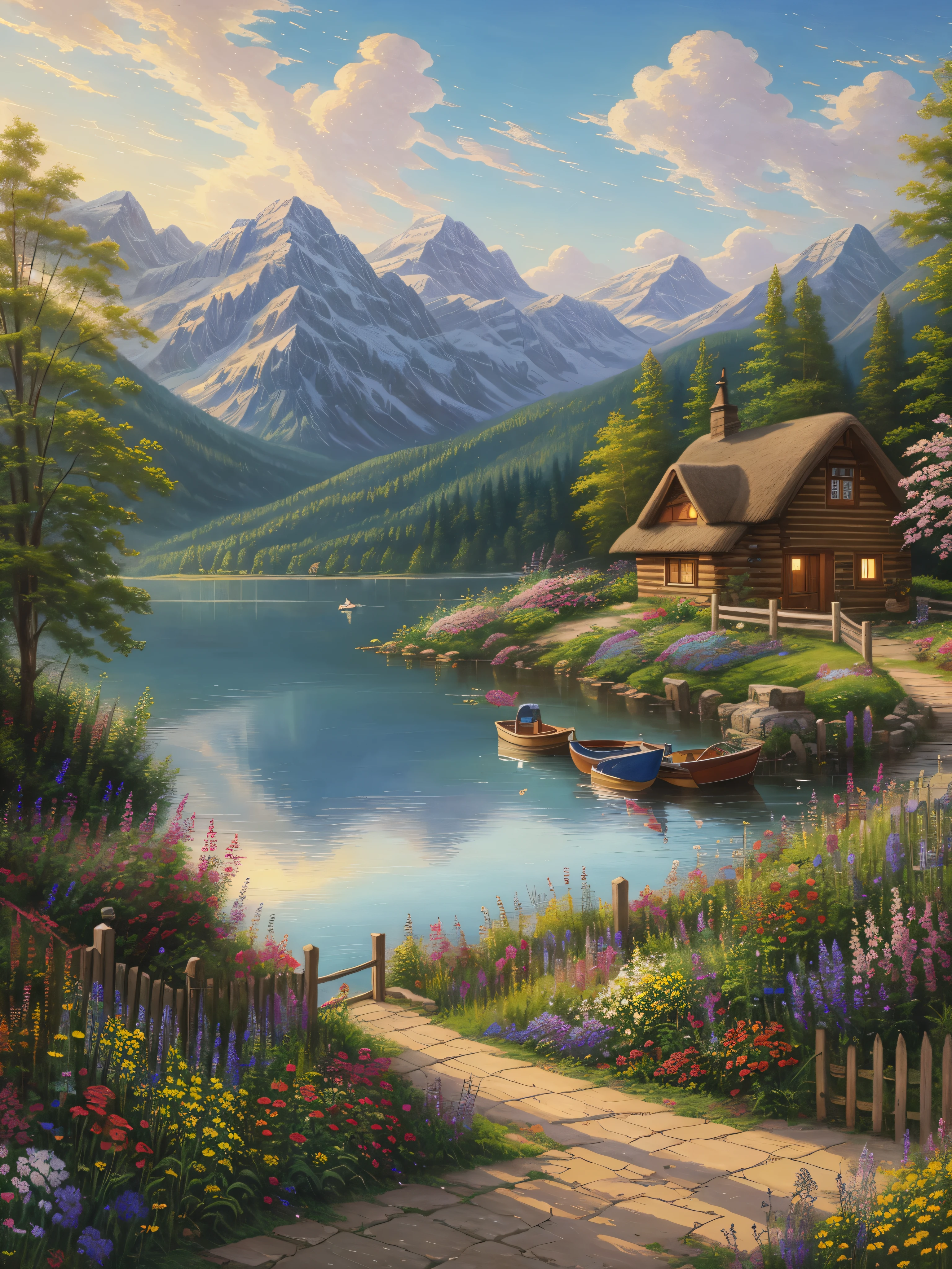 painting of a cottage, flowers beside of fence, fence along the road,  mountain landscape with a lake and a boat, illustration matte painting,  inspired by Thomas Kinkade, symmetric matte painting, detailed scenery , style raw, 8 k ultra detailed