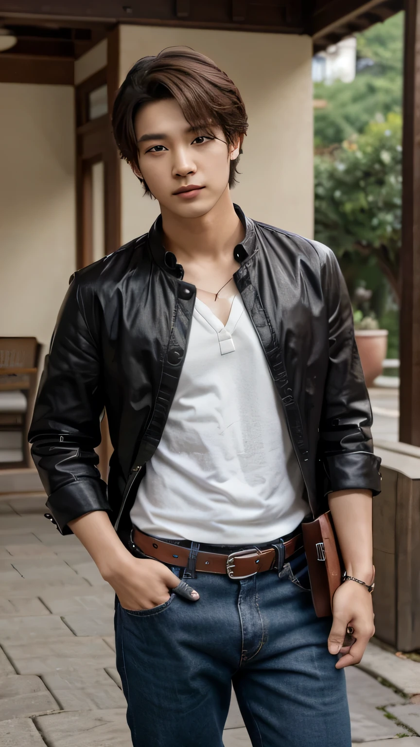 Kang Min-woo, 21, is a musician who plays the gayageum. He has a rugged charm with dark eyes and tousled brown hair. Min-woo's style is casual with a touch of bohemian, often wearing loose-fitting shirts and modern hanbok-inspired pants. He carries a vintage leather-bound notebook and wears a silver ring on his thumb, adding to his distinctive look.