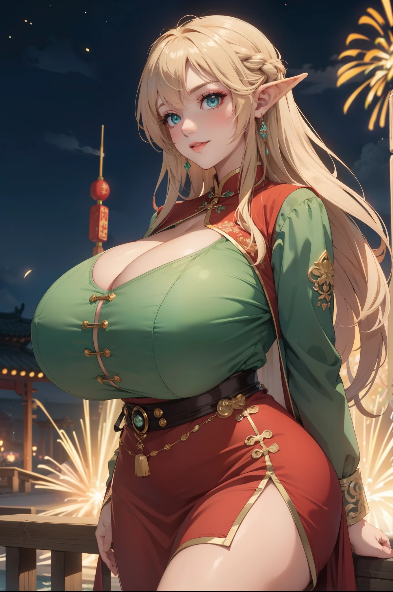 extreme quality, cg, (detailed eyes,and face), (bright colors), (anime), 1woman, (Milf:1.2), impact, (Voluptuous:1.4), goddess, time stop, fantasy, (Elf), (gigantic breasts:1.8), pointed ears, beautiful jewels, fireworks, long curly blonde hair, (deep cleavage), masterpiece, top tier, extravagant, 8k, unity wallpaper, unreal engine 5, ray tracing, 8k, cinematic, varied depth of field, octane render, elegant, tone mapping, hyper focus, light smile, (arms behind back:1.2), fireworks, (night), festival, (Chinese dress), full body photo, (night), Curvaceous,(mint green eyes), horizon, picturesque scenery, looking at viewer, (festival),