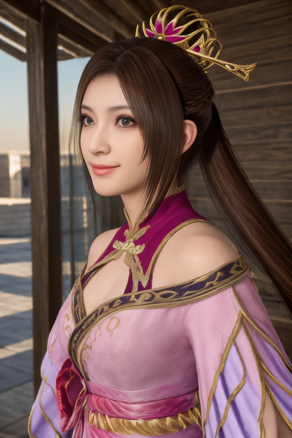 Diaochan from Sangoku Musou 8,masterpiece、1 cute girl、-yeld hischool stne eyes、puffy eyes、bright outdoors,Bright downtown、highest quality, 超High resolution, (reality: 1.4), movie lighting、Japanese、asian beauty、Korean、super beautiful、beautiful skin、body facing forward、whole body,Upper body、(超reality的な)、(High resolution)、(8K)、(very detailed)、(美しくfine eyes)、(Super detailed)、 (wall-)、detailed face、bright lighting、professional lighting、looking at the viewer、look straight ahead、slanted bangs、brown hair、Nogizaka idol、