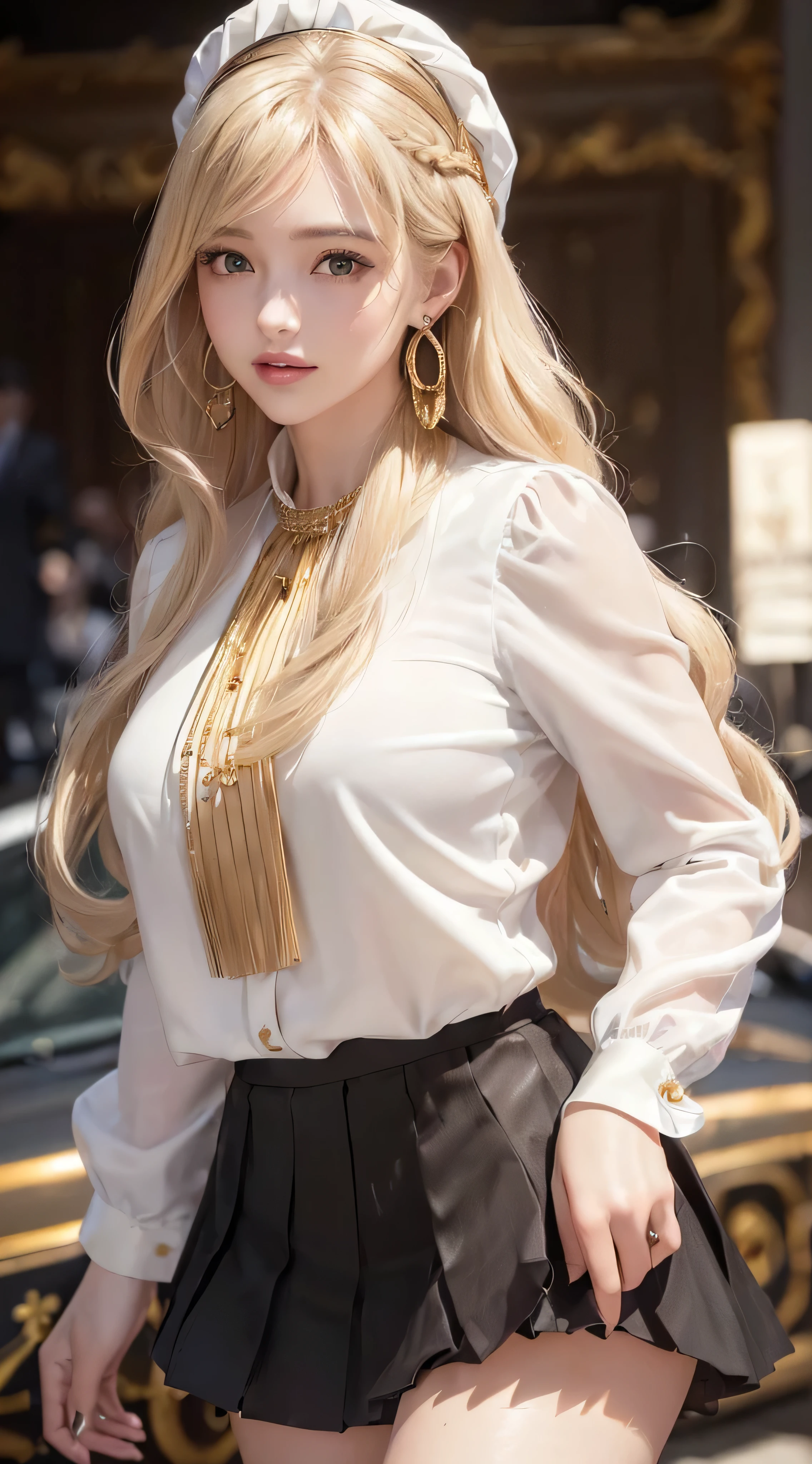 European and American women, Fashion Model, Glamour, blonde hair, With bangs、brown eyes, 8K, high quality, masterpiece, 最high quality, HD, very detailed、voluminous lighting, photorealistic、((Super long blonde hair:1.2))((Hair with loose waves inside:1.2)),((gold necklace＿Large earrings:1.2)),((black tailored suit＿White pleated mini skirt:1.3)),((shy smile:1.3)),((In the hustle and bustle_There are many_running towards me alone_The hem of the skirt is rolling up＿hair is flowing:1.3))((hat is off))､