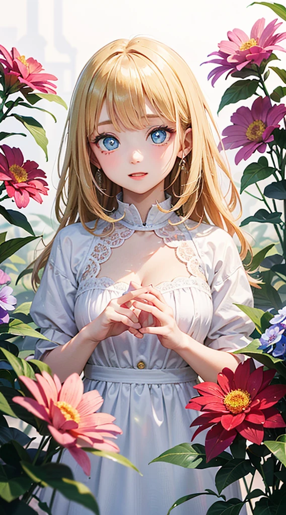 masterpiece,highest quality,girl,blonde,blue eyes,Big eyes,(sparkling pupils),very cute,Just cute,super cute,supreme cuteness,The point of cuteness,colorful flowers and plants