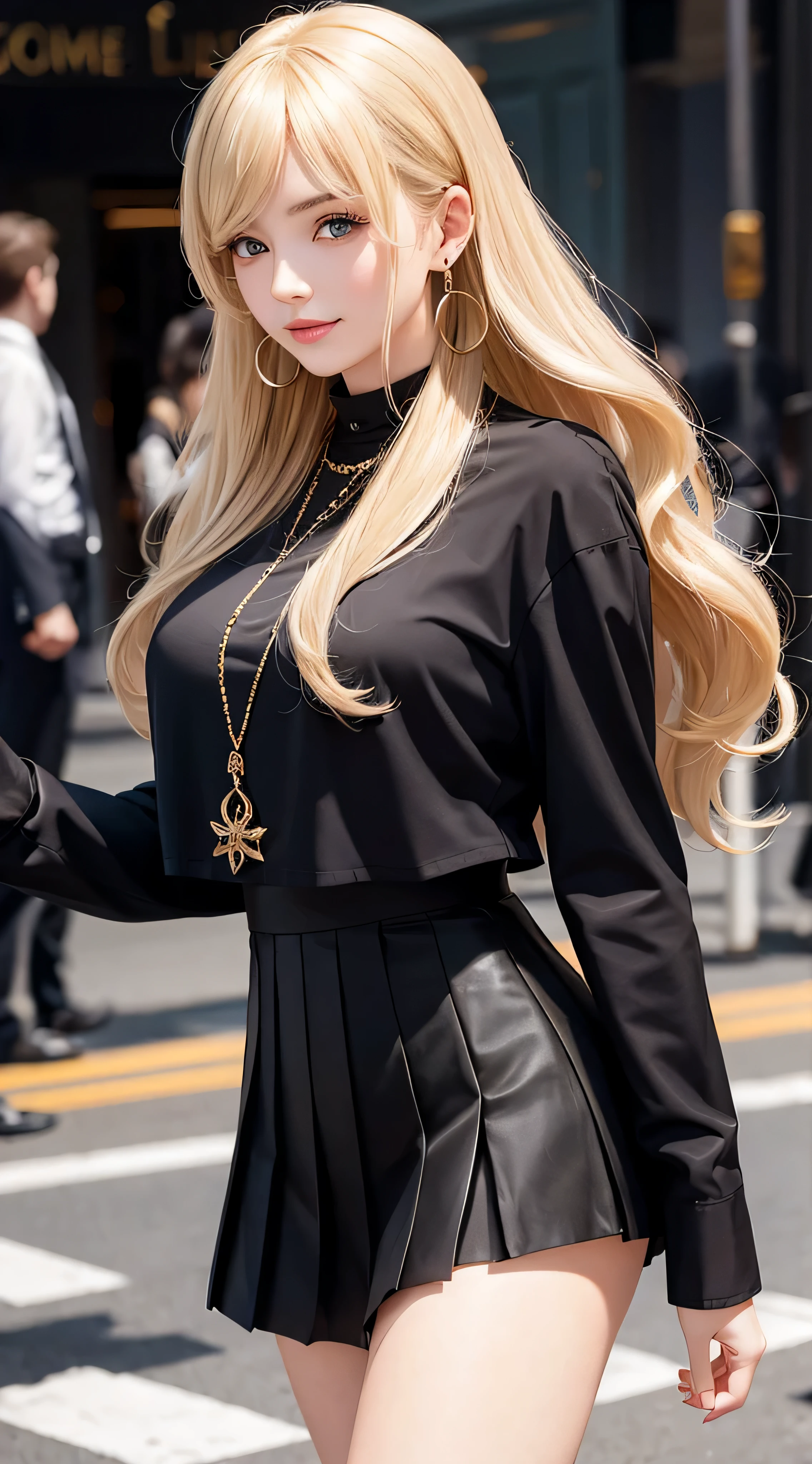 European and American women, Fashion Model, Glamour, blonde hair, With bangs、brown eyes, 8K, high quality, masterpiece, 最high quality, HD, very detailed、voluminous lighting, photorealistic、((Super long blonde hair:1.2))((Hair with loose waves inside:1.2)),((gold necklace_Large earrings:1.2)),((black tailored suit_white long sleeve ribbon blouse_White pleated mini skirt:1.3)),((shy smile:1.3)),((In the hustle and bustle_There are many_running towards me alone_The hem of the skirt is rolling up_hair is flowing:1.3))((hat is off))、
