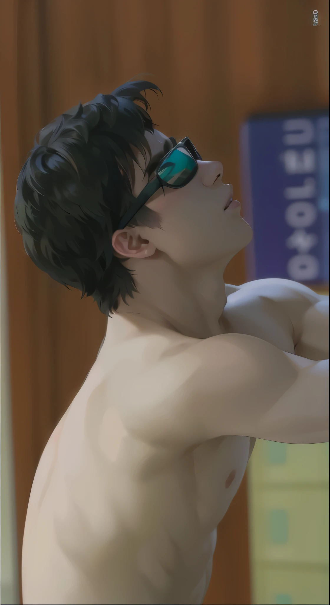 Hay un hombre sin camisa cabello de color violeta con gafas de natacion de nadar jugando., korean muscle boy 2 1 years, Still from a live action movie, cabello color violeta