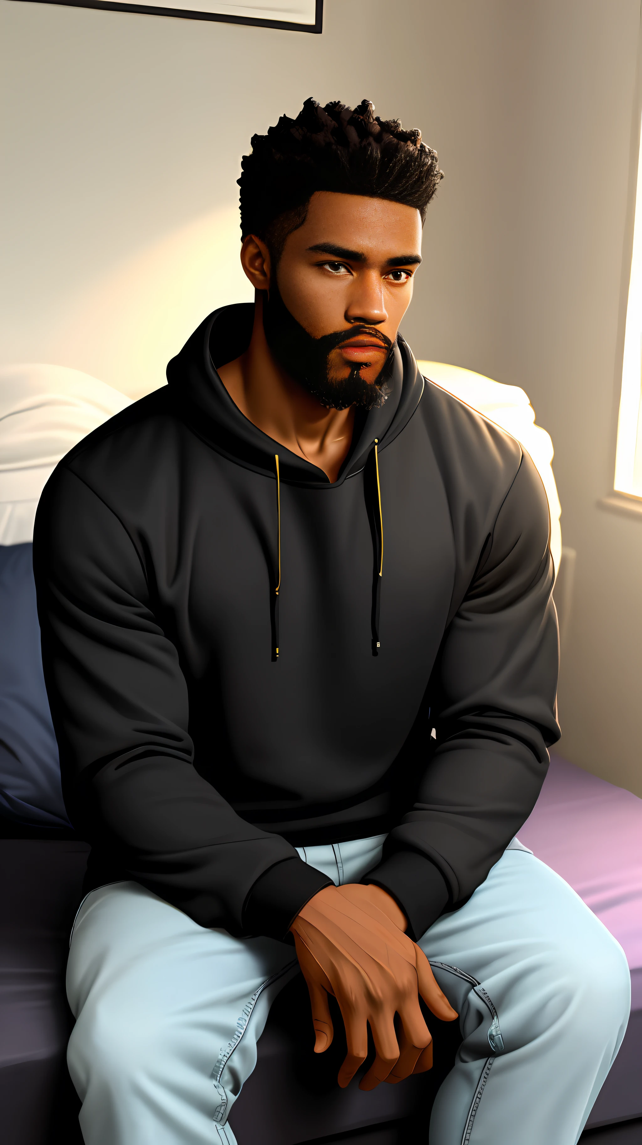 Handsome black man in sweatshirt sitting in his room. Short beard black hair solo alone