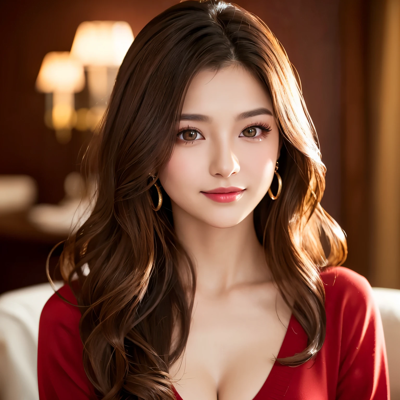 (highest quality、table top、8K、best image quality、Award-winning work)、(1 young girl, :1.3)、(Perfect V-neck red long knit sweater:1.2)、(red eyeshadow:1.2)、perfect makeup、long eyelashes、Super high-definition sparkling eyes、ultra high definition hair、Ultra high definition glossy lips、Ultra high definition perfect teeth、Super high definition cute face、brown hair、(Very long wavy hair:1.1)、Small cleavage、smile looking at me、[clavicle]、accurate anatomy、(close up of face:1.1)、luxury love hotel、(The most moody warm lighting:1.2)、blurred background