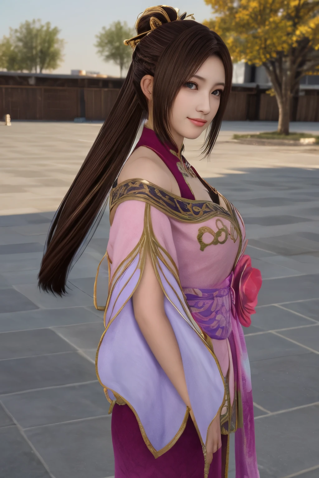 Diaochan from Sangoku Musou 8,masterpiece、1 cute girl、17-year-old high school student、smile,fine eyes、puffy eyes、bright outdoors,Bright downtown、highest quality, 超High resolution, (reality: 1.4), movie lighting、Japanese、asian beauty、Korean、super beautiful、beautiful skin、body facing forward、whole body,Upper body、(超reality的な)、(High resolution)、(8K)、(very detailed)、(美しくfine eyes)、(Super detailed)、 (wall-)、detailed face、bright lighting、professional lighting、looking at the viewer、look straight ahead、slanted bangs、brown hair、Nogizaka idol、