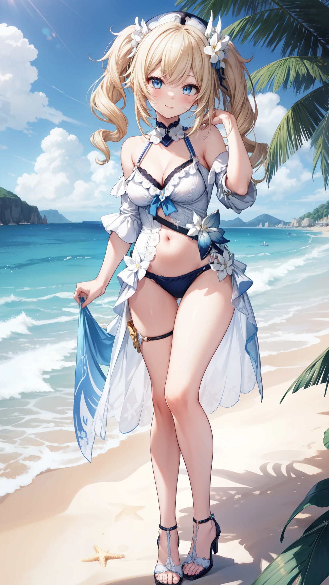 anime, beautiful face, highly detailed face, (2 accurate legs:1), blue detailed eyes, highly detailed beach background, perfect lighting, best body lighting, 1girl, solo, Barbara, genshin impact, outdoors, (beautiful blonde hair:1.2), absurdres, high res, ultrasharp, 8K, masterpiece, looking at viewer, affectionate smile, BREAK (detailed sexy beach bikini:1.2), (intricate all lace:1.2), (beautiful white heels:1.25)