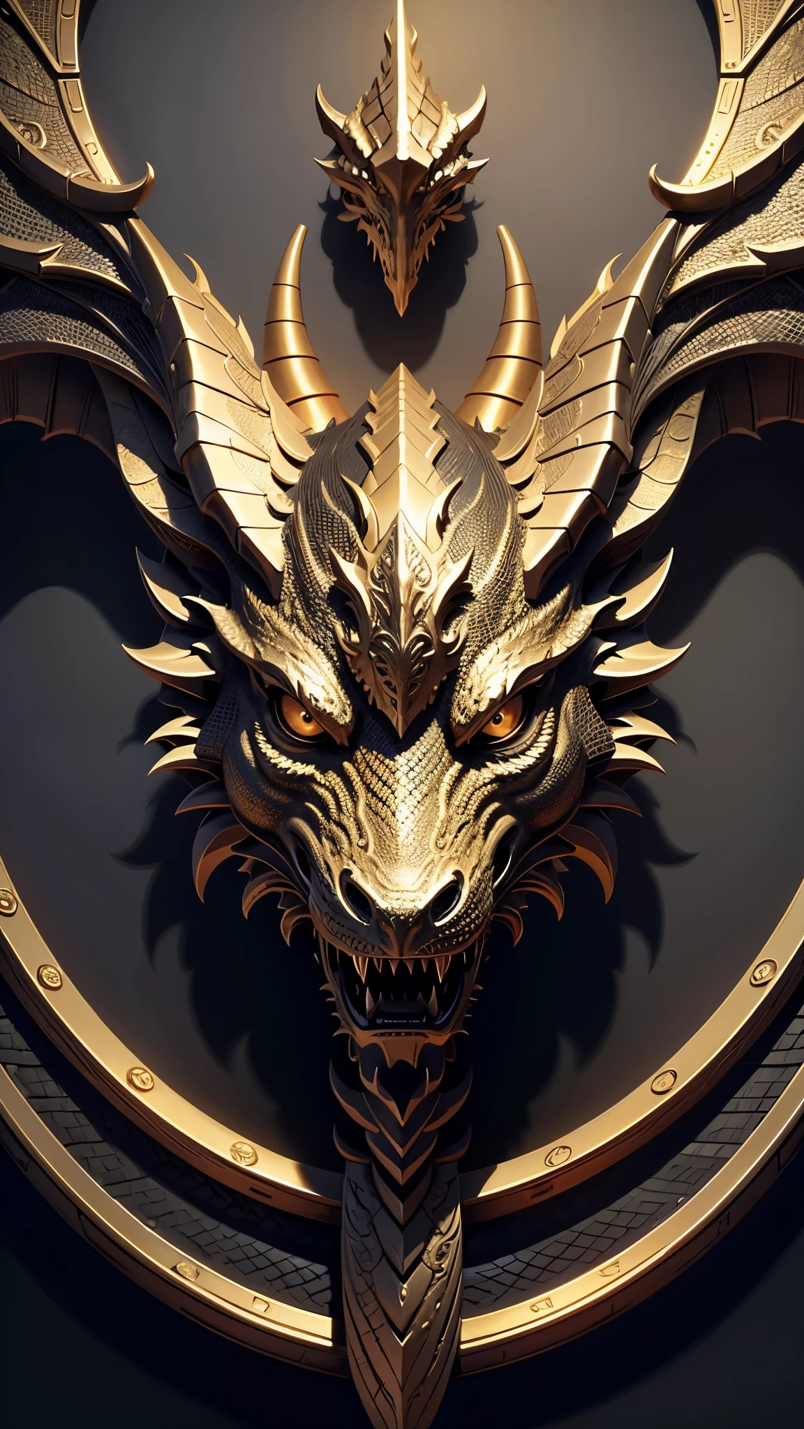 Gold dragon head badge on black background with metallic dragon scales. Very detailed 8k wallpapers. Detailed physical details. Very meticulous extraction