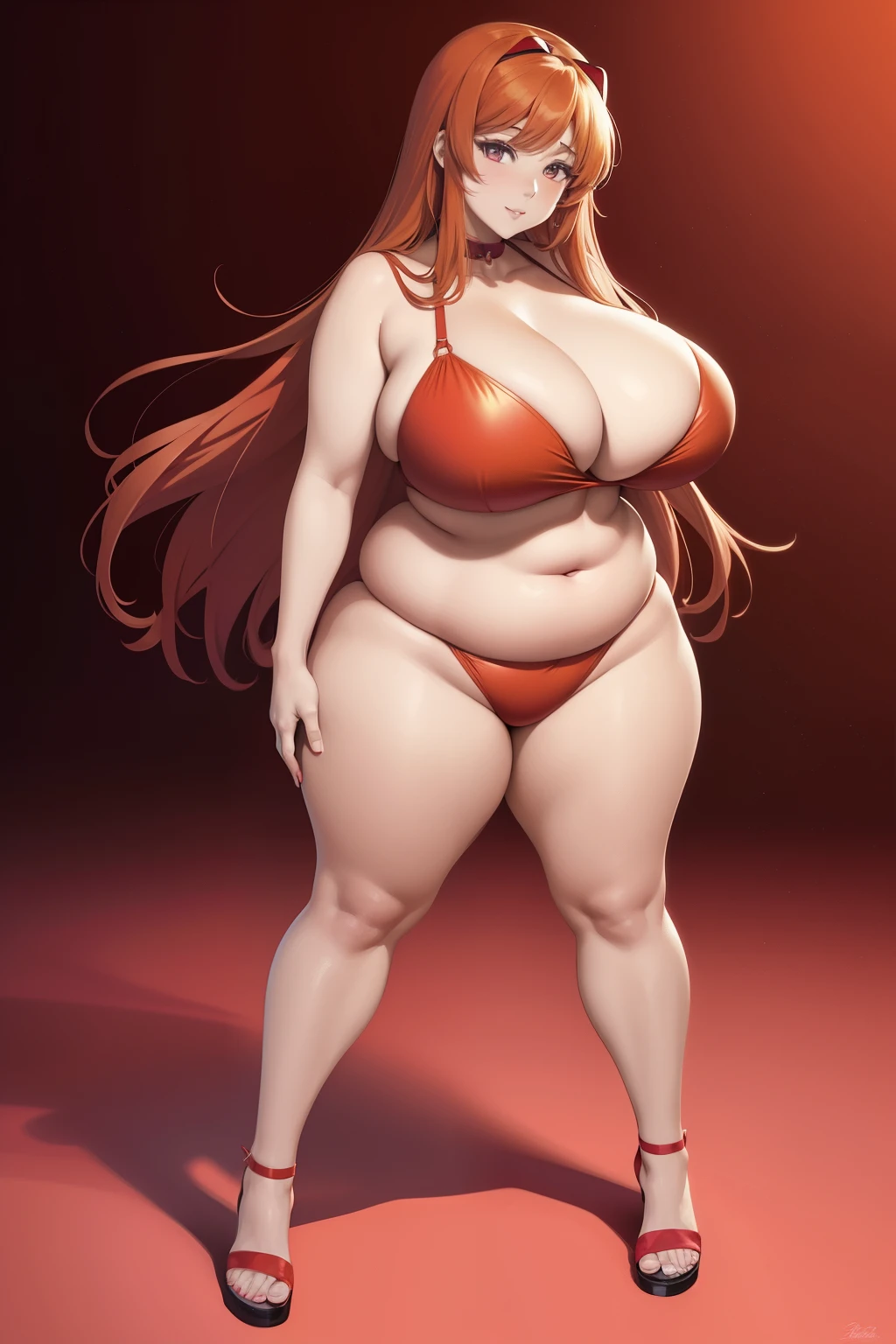 Full body portrait photo of anime bbw girl in red bikini with long hair and big breasts, very fat curvy body, wide waist and wide hips, round and beautiful face, very similar portrait of asuka langley Soryu, asuka langley, anime female characters, evangelion beautiful girl, that'Junji'Style, Asuka from Evangelion, cel shaded anime