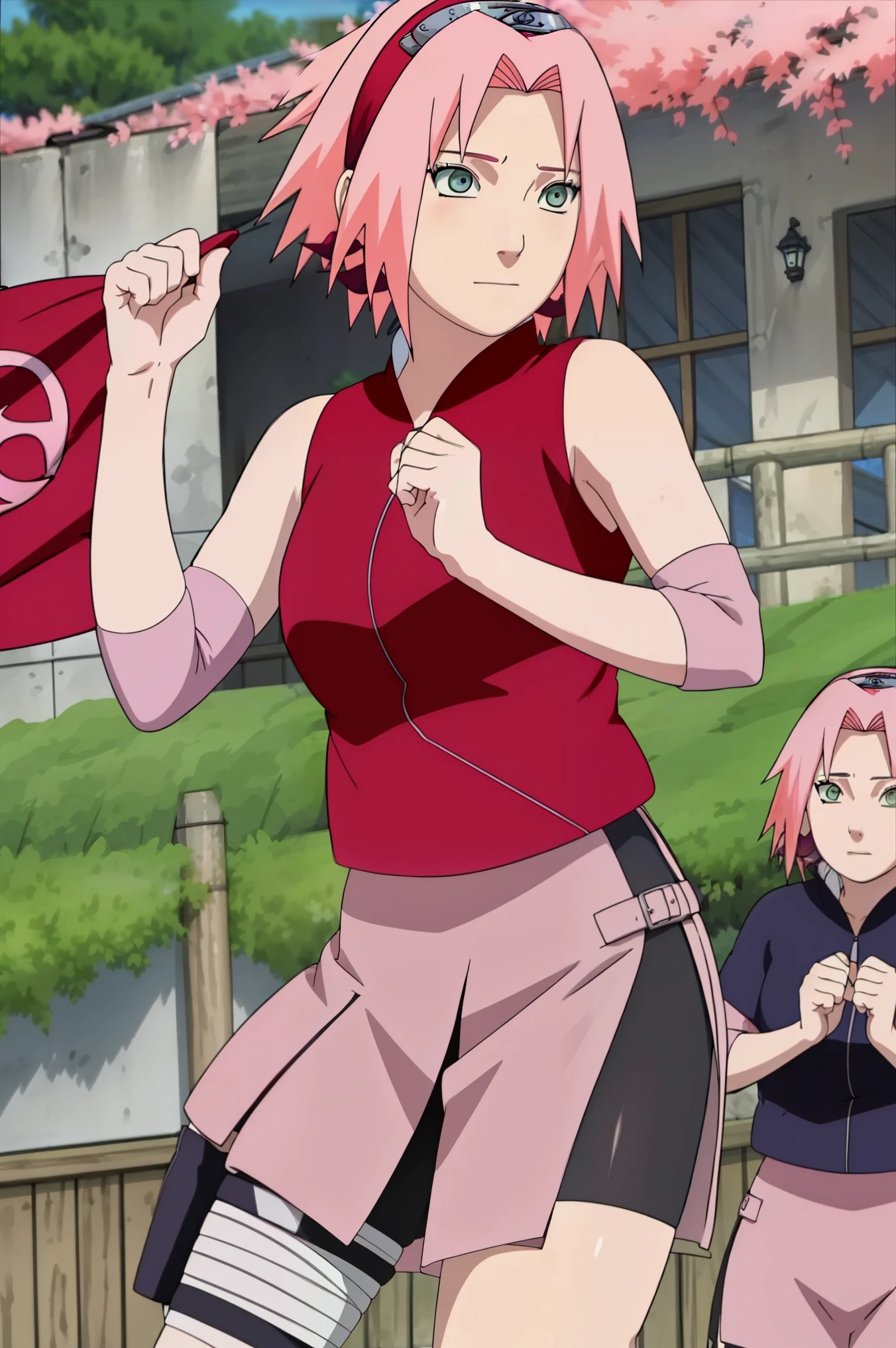 High-quality, ultra-detailed, realistic artwork of a scene from "Sakura Shippuden" with vivid colors, perfect for 4K or 8K resolutions. The scene depicts Sakura Haruno, a young woman, standing gracefully in a garden surrounded by blooming sakura (cherry blossom) trees. She is wearing a red jacket embroidered with the symbol of Konohagakure, the Hidden Leaf Village. Her leg is bandaged, indicating a recent injury. Sakura is wearing a short skirt and toeless footwear, emphasizing her femininity and agility.

Sakura has shoulder-length bangs that softly frame her face, revealing her beautiful, green eyes. Her face is adorned with a forehead protector, which bears the Konohagakure symbol, signifying her allegiance to her village. The artwork showcases Sakura's attention to detail, including her long eyelashes, detailed lips, and delicate features, capturing her determination and inner strength.

The lighting in the scene is soft and warm, casting a gentle glow on the petals of the sakura blossoms. The vibrant colors of the cherry blossoms contrast against Sakura's black short sleeves and gloves, adding depth to the composition. The overall color scheme leans towards pastel tones, enhancing the serene and tranquil atmosphere of the garden.

This masterpiece artwork aims to capture the essence of Sakura Haruno's character, portraying her as a confident, skilled kunoichi amidst the delicate beauty of the sakura garden. The attention to detail, vibrant colors, and realistic rendering will bring this scene to life, evoking the spirit of "Sakura Shippuden" in a visually stunning manner.