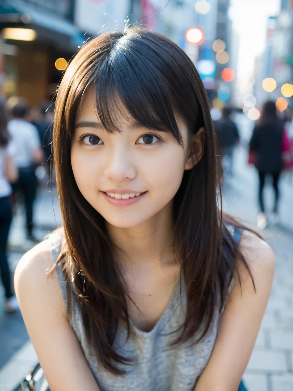 1人、on tokyo street、A city scape、The upper part of the body、a closeup、A smile、、(8K、Raw photography、top-quality、masterpiece:1.2)、(realisitic、photoRealstic:1.37)、Highly detailed eyelash drawing、(((Top image quality))),small tit、Fine skin, (Beautiful hair), (Perfect Anatomy), (Realistic), (Dynamic Angle), Pose Seductive,Perfect,Sensual look、top-quality、hight resolution、Happy smile