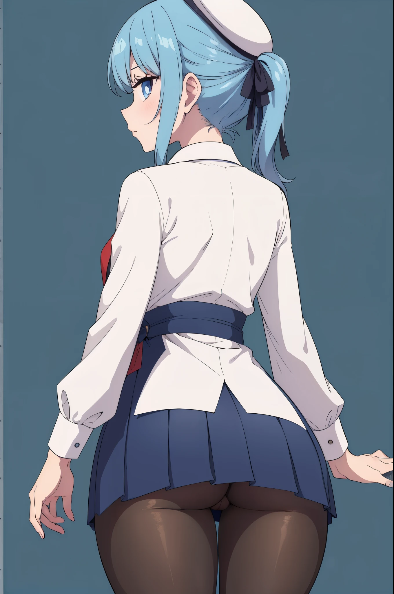 masterpiece, best quality, ultra-detailed, illustration, colorful, flat color, depth of field, 1girl, hoshimachi suisei, 1girl, beret, side ponytail, blue hair, anime, simple background, detailed skin texture, alluring attire, collarbone, (small ass, back, view from behind, slender, white shirt, bottomless, pantyhose, looking away from viewer)