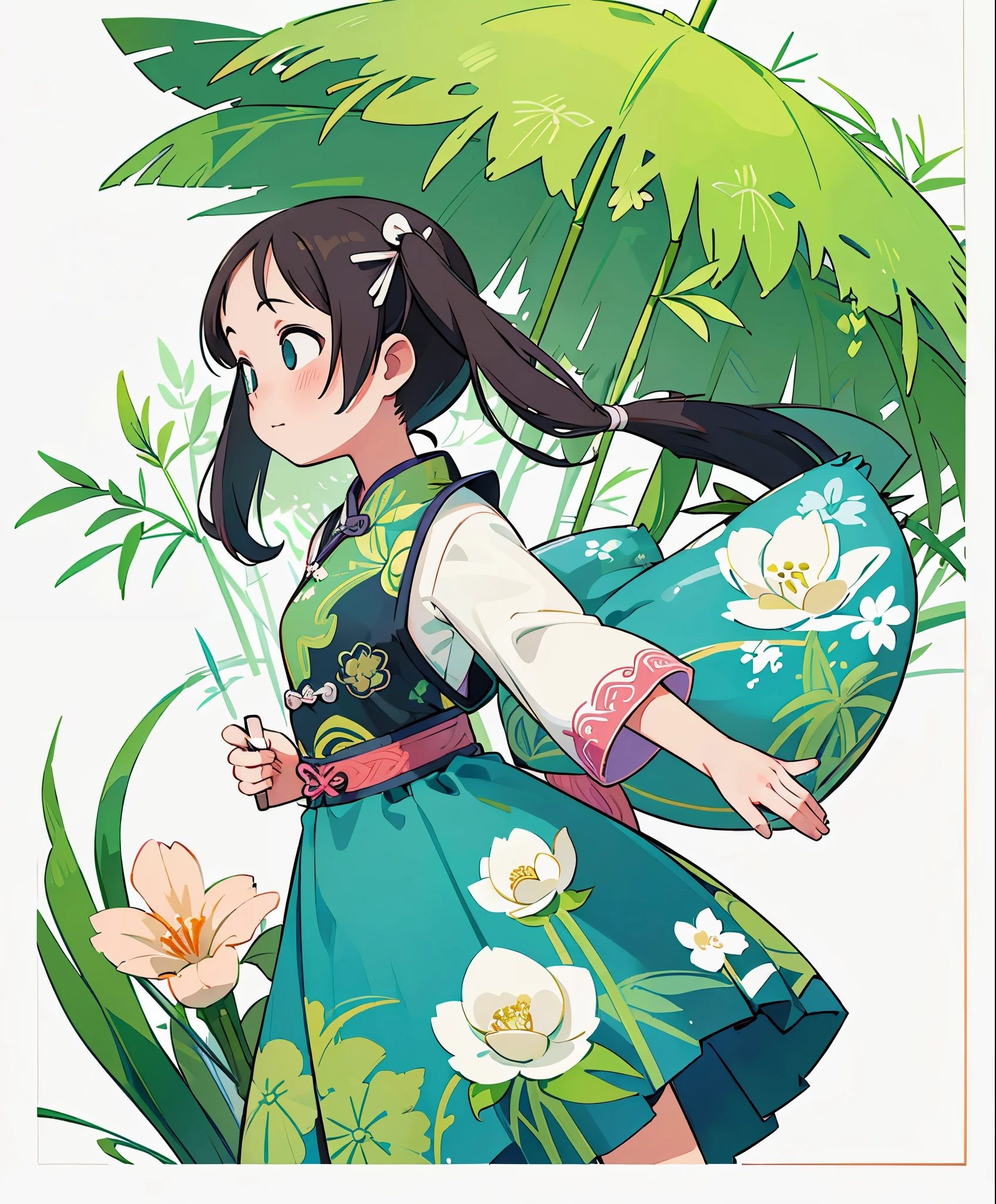 (masterpiece、highest quality、highest quality、official art、beautiful beautiful:1.2)、(1 girl:1.3)Hatsune Miku、beautiful breasts、twin tails、adorable笑顔、very detailed、16 year old girl,1sticker，handbook，（sticker，1 girl，Ming Dynasty Chinese clothes，Gorgeous collared top，pleated long skirt，Hanfu，embroidery，hairpin，bamboo，moss，pavilion）， watercolor，white background， simple back gown， cent， adorable， small， pastel colour， vector style， Not graded，background classical chinese style
