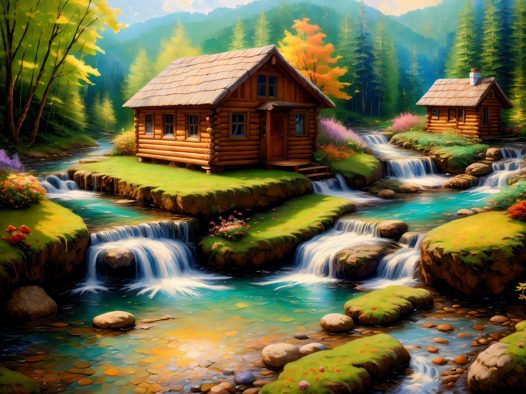 painting of a cabin in a mountain stream with a waterfall, children play around cabin,  4 k oil painting, beautiful oil matte painting, oil painting 4 k, oil painting 4k, cottage in the forest, beautiful oil painting on canvas, beautiful digital painting, smooth oil painting, beautiful art uhd 4 k, 8 k hd detailed oil painting, oil digital painting, Inspired by Thomas Kinkade.