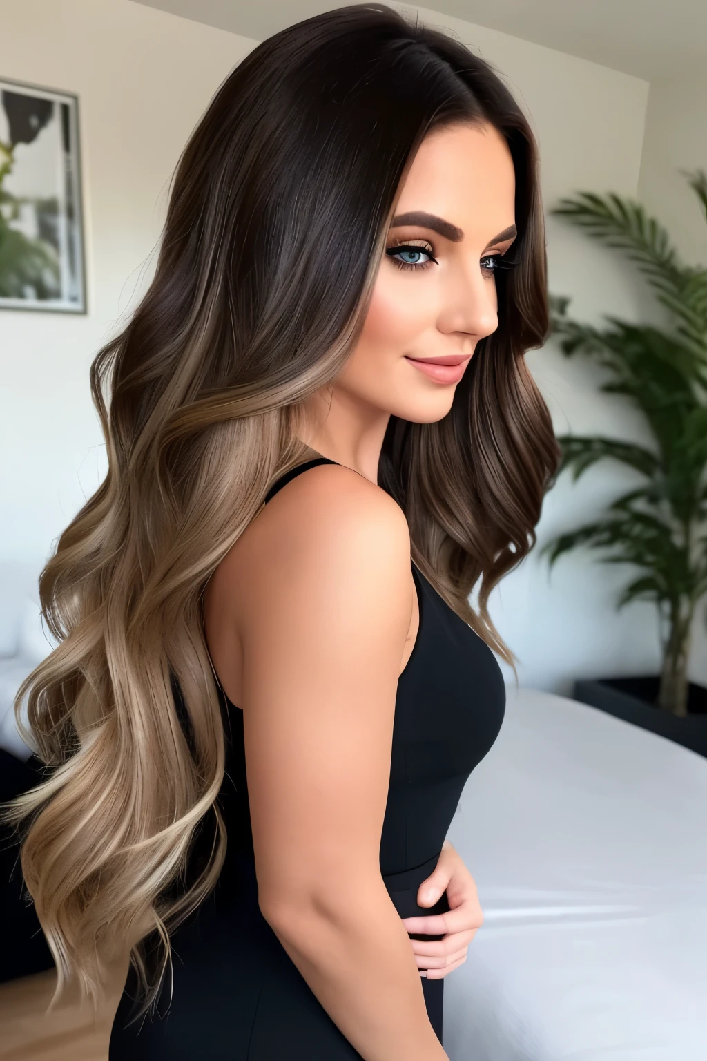 A photorealistic, high-quality photo of a stunning European woman in her early thirties captures her breathtaking beauty. Her face, adorned with dark red and blonde balayage hair, is perfectly complemented by her long, straight hair elegantly styled in a fancy ponytail. The ultra-contrast of the image brings attention to her beautifully tanned skin, which perfectly accentuates her mesmerizing green eyes. With the most enchanting gaze, she looks back at the camera, her eyes enhanced by the skillful application of black smokey eyeshadow, creating an incredibly realistic and glamorous profile view. The photo is centered, showcasing her full length and emphasizing her alluring presence.