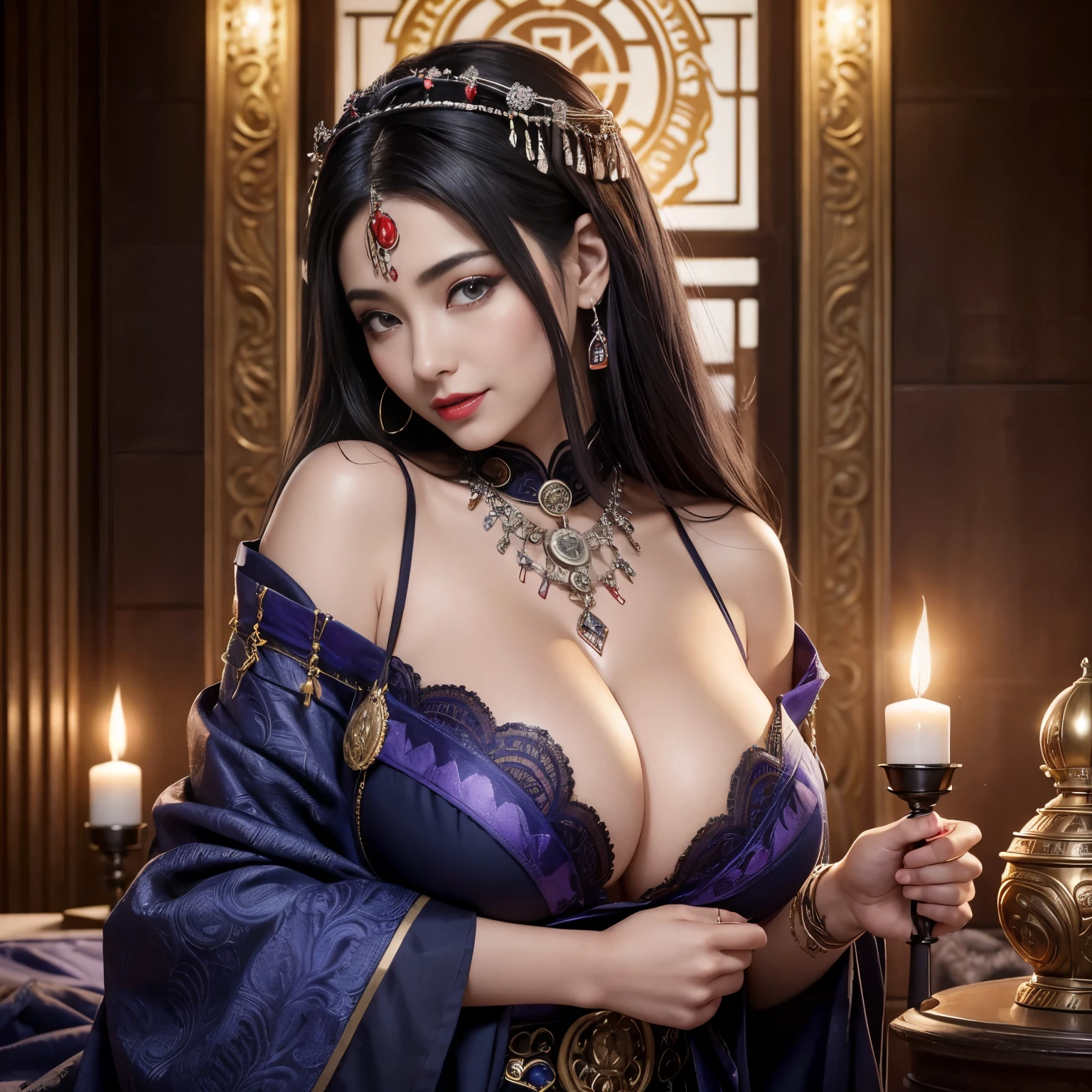 (hyper realstic)、Ancient priestess、Ancient female shamans、
immensity　Beautie　high-level image quality　hight resolution　Realistic　Shorthair　a indigo、　beauty  woman in a bedroom、A MILF、Middle-aged woman、((Big big))、Detailed red-black    ,,,,,,、detailed skin textures、超A high resolution、Realistic、Voluptuous body shape、A smile、Middle-aged beauty、Beautiful expression、With detailed red-black areola 、Detailed purple eyes、indigo、long fluffy hair、Kamimei、Very delicate and detailed skin texture、３５Female Shaman、(indigo pubic hair)、{(Ancient ornate and luxurious temples)、(A lot of torches are burning)}、Ancient priestess、Large cleavage、Large open neckline、big butts、bright red lips、(Colorful and glamorous clothes and luxurious accessories)、I have an ornate platinum wand、