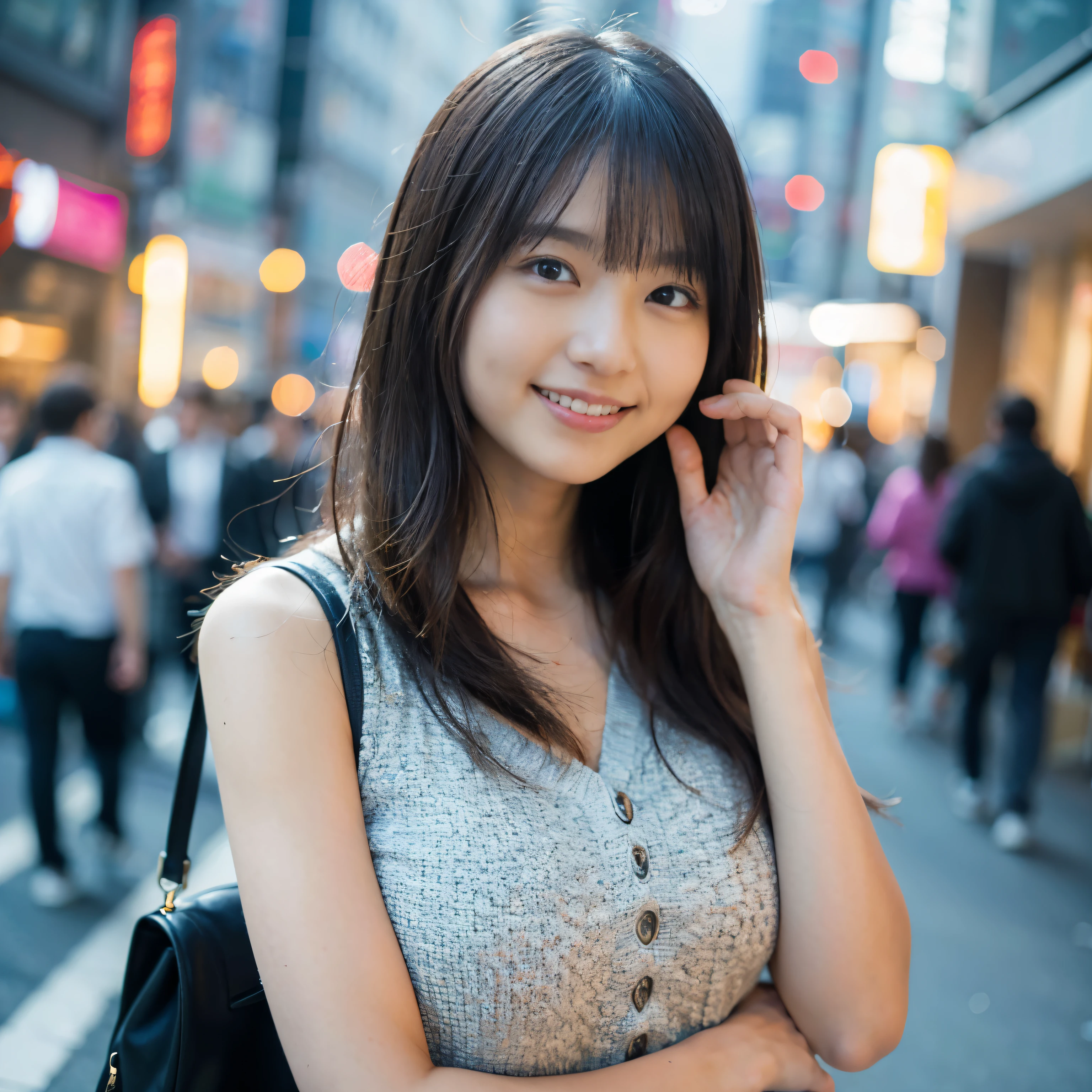 1 girl、Tokyo street、cityscape、Upper body、Close-up、laughter、、(8K、Raw photo、highest quality、masterpiece:1.2)、(realistic、photo realistic:1.37)、Highly detailed eyelash drawing、(((best image quality))),small tit、fine skin, (beautiful hair), (perfection Anatomy), (realistic), (dynamic angle), seductive pose,perfection,sensual look、highest quality、High resolution、smile