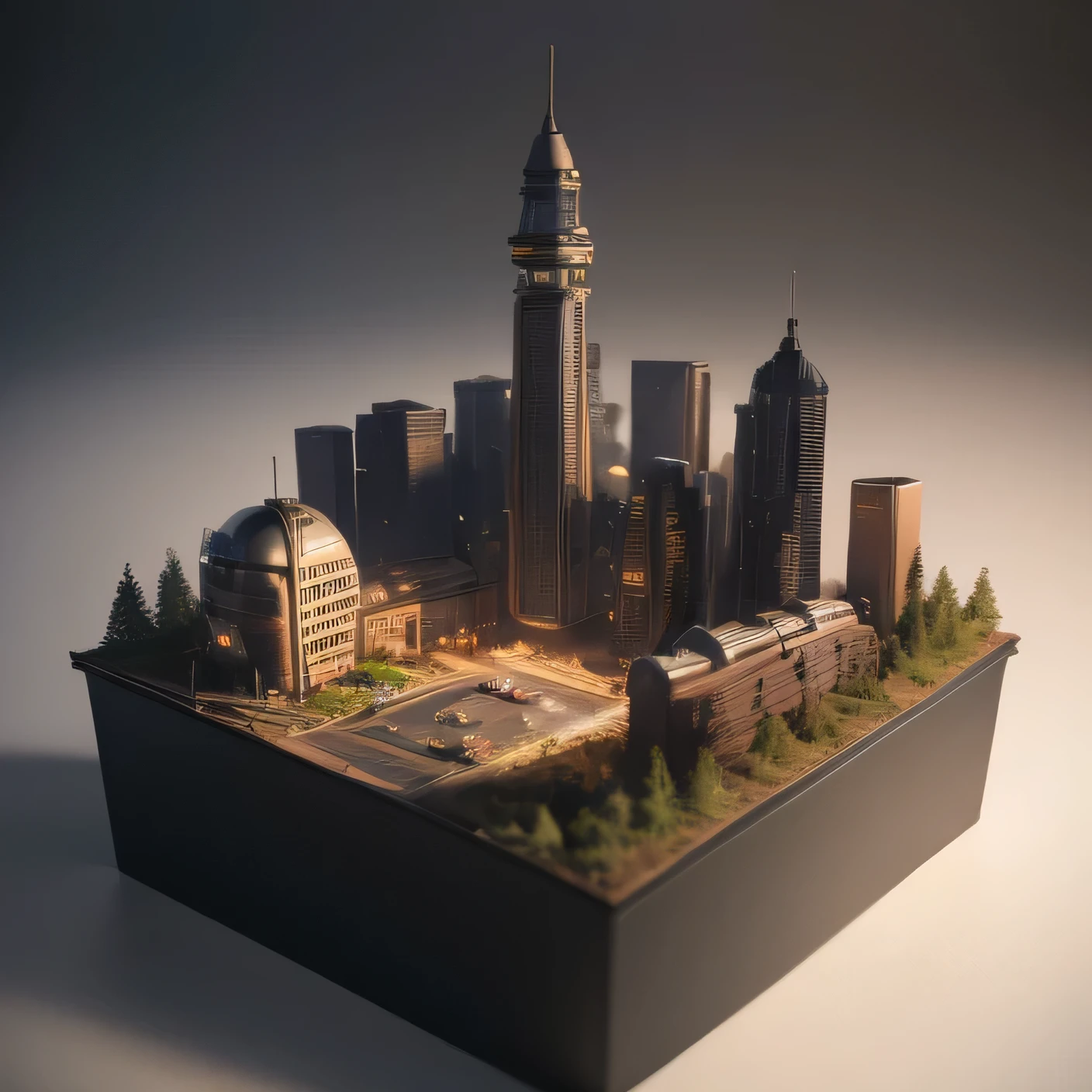 Car 2658 era Wo realistic model, (bifurcation, original photo, best quality, masterpiece:1.4),SteampunkCyberpunk6820 City,(CyberpunkLunar soil light:1.3), Lunar soil (related to land),(in a small nature box:1.3),Isometric, small nature, landscape on foundation,landscape,