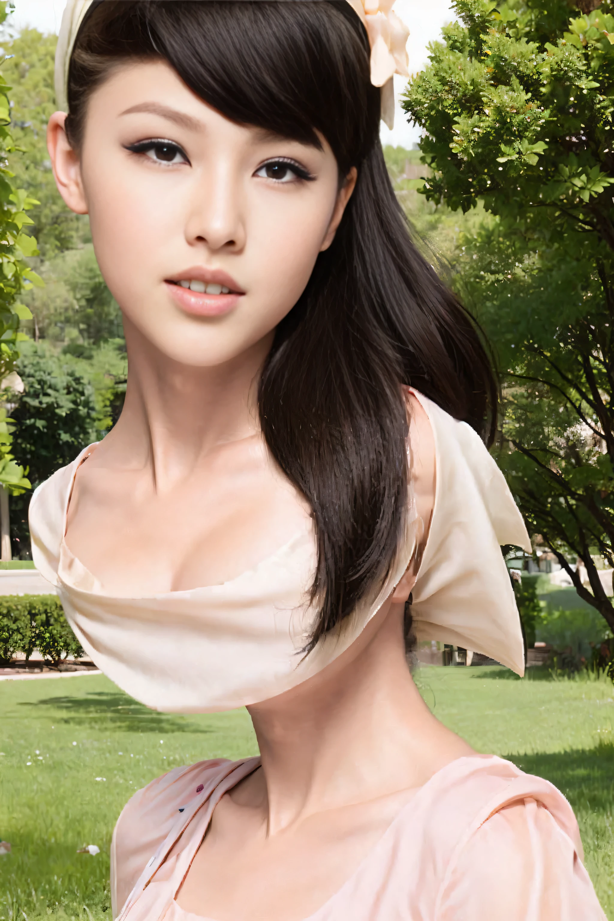 Fashion model 20 years old [[[[close up]]]], [[[[neck]]]], [[[[Shoulder]]]], perfect eyes, perfect iris，perfect lips，perfect teeth，perfect skin，White skin，Soft headlight，high-density imaging review，long black hair，（Face is clear and delicate），White casual wear，The background is outdoor，green trees and grass，best quality，masterpiece，(((whole body image))),（pastel colors：1.2）