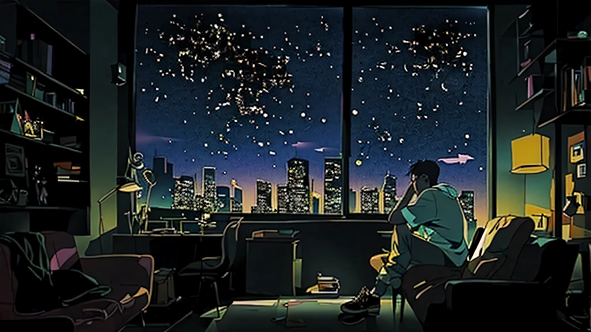 A man is sitting on a sofa in front of the window, inspired Written by Liam Wong, calm night. digital illustration, Written by Liam Wong, Lofiatostyle, lo-fi illustration style, Lofiato, lofi hip hop, Atay Gairan style, lo-fi art, Sounds influenced by Atai Gailan, 4K HD Illustration Wallpapers