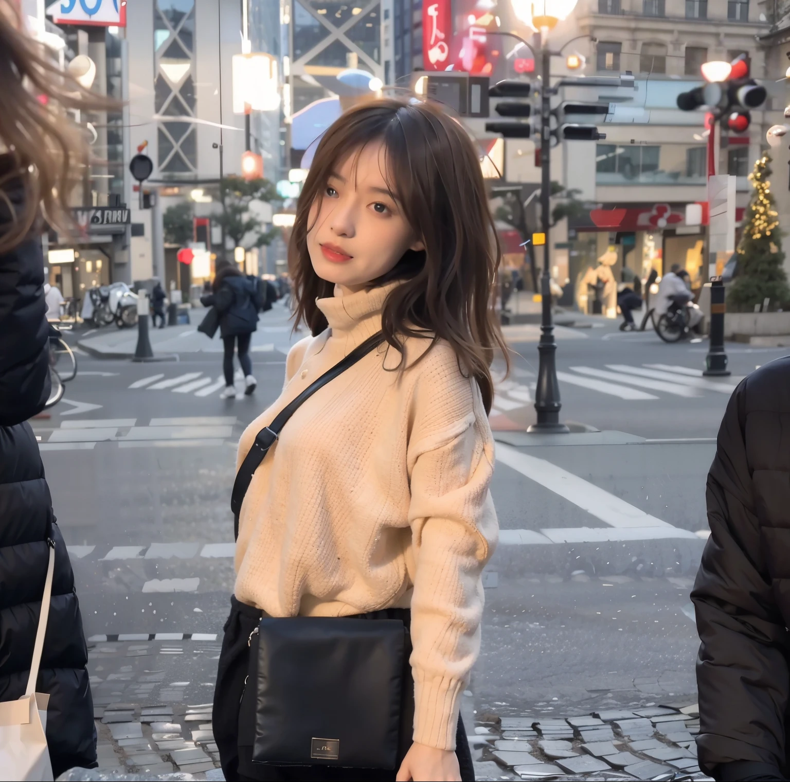 there is a woman standing Sur une place de la ville with a bag, debout dans un centre ville, désaturé!!, dans un centre commercial, Sur une place de la ville, dans un centre commercial, désaturé!, photo prise en 2 0 2 0, wandering Dans la ville, au milieu de la ville, désaturé, Xin Tong Chen, Dans la ville, photo en noir et blanc