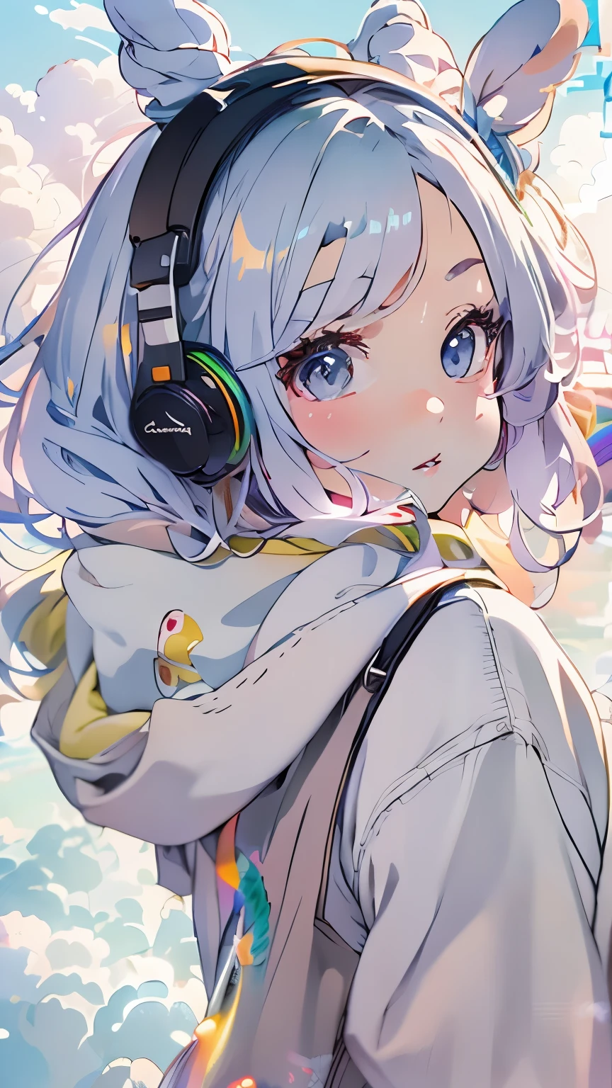 sonyheadphonesを着用している、headphones、one girl、Magical girl、perfect anatomy、small face、plump lips、look of suspicion、topknot、Modern hoodies、knee socks、(((The background is pastel colored clouds:1.5、rainbow、blurred background)))、highest quality、High resolution、High resolution、cinematic lighting、professional photographer