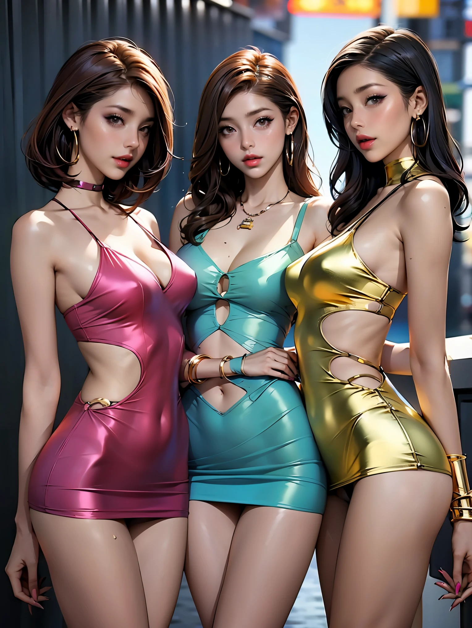 Masterpiece, Official, (only 3 mature women lined up with their  are sticking out towards viewer:1.3), bodycon, microdress, (Detailed eyes, Perfect face, face focus:1.2), (extremely wrinkled shiny clothes reflecting light:1.2), golden accessories, jewelry, (hoop earrings), necklaces, navel, Hair ornament, Latex, gleaming skin, glamorous perfect female proportion, detailed surface texture, smile, blush, (venue)