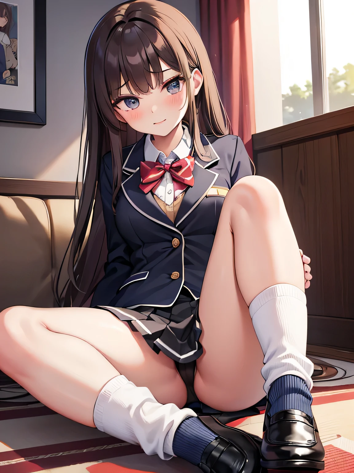 (1) There is one high school girl, A person who provokes others by lifting up their skirt.
(2) High school girl wears a blazer and miniskirt uniform, she wears loose socks on her feet.
(3) She has long brown hair.
(4) She makes a provocative and lewd expression.
(5) The location is a love hotel room..