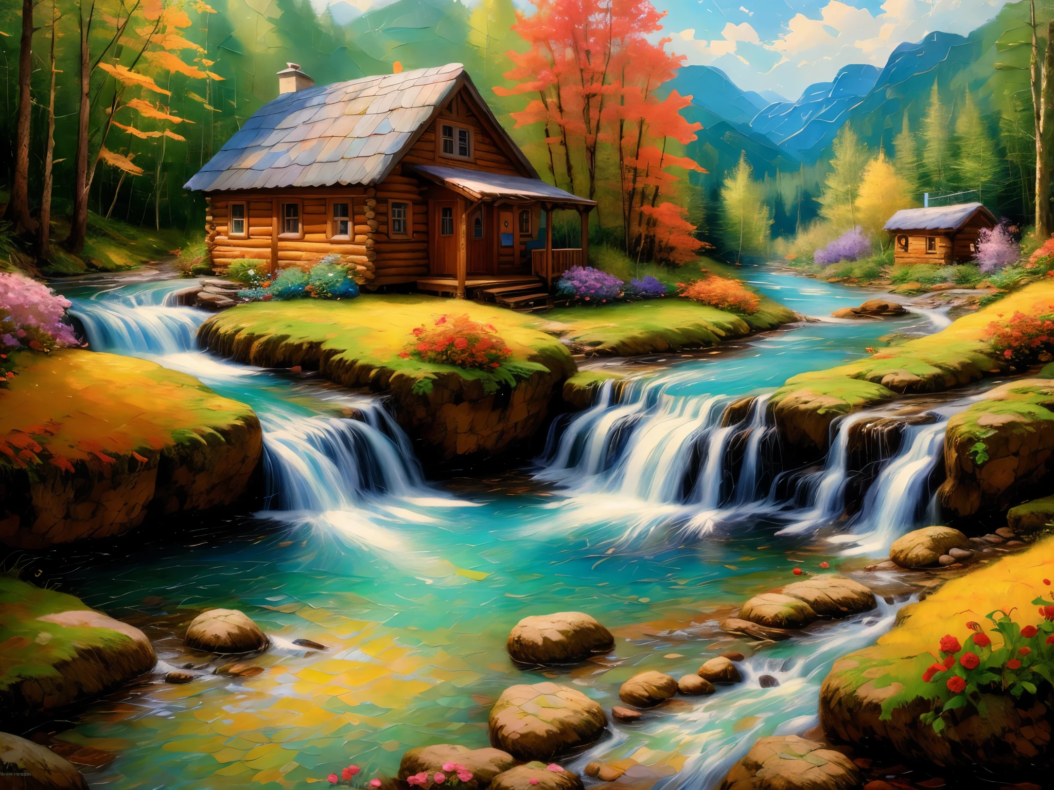 painting of a cabin in a mountain stream with a waterfall, children play around cabin,  4 k oil painting, beautiful oil matte painting, oil painting 4 k, oil painting 4k, cottage in the forest, beautiful oil painting on canvas, beautiful digital painting, smooth oil painting, beautiful art uhd 4 k, 8 k hd detailed oil painting, oil digital painting, Inspired by Thomas Kinkade.