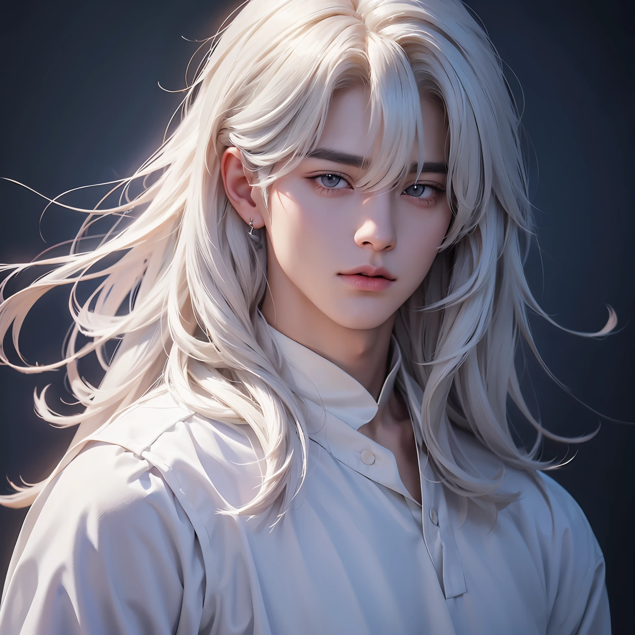 Jeon Jungkook with long flowy white hair, no bangs, extremely realistic, bts, jeon jungkook bts, kpop boy, korean face, jeon jungkook, korean male face
