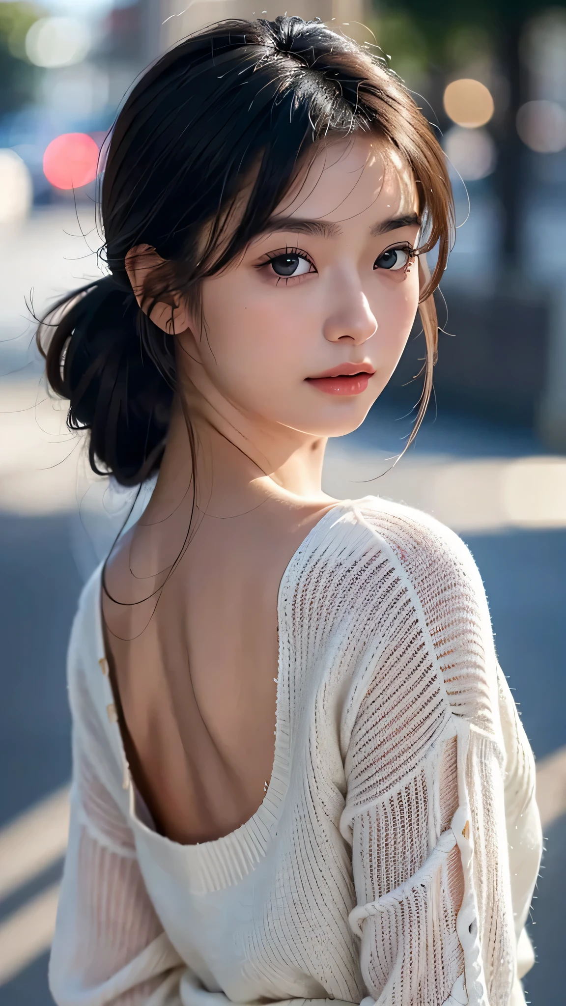 One woman,fully body photo,masutepiece, The highest image quality, High quality, the background is clear,Beautiful woman, Japanese, Detailed, Detailed eyes, Detailed skin, Beautiful skin, 超hight resolution, (reality: 1.4),Very beautiful woman, Slightly younger face, Beautiful skin, slender, (Ultra photo realsisim), (hight resolution), (8K), (Very detailed) (beautifully detailed eyes), (super detailed), (Detailed face), view the viewer, Fine details, Detailed face, Staring straight ahead, Staring straight ahead, photos realistic, Bright lighting, Professional Lighting, Black hair,poneyTail,a baby face,sixteen years old,髪型はponeyTail,ロングのponeyTailの髪型,slight smile,Long Sleeve Knitwear,European Streets