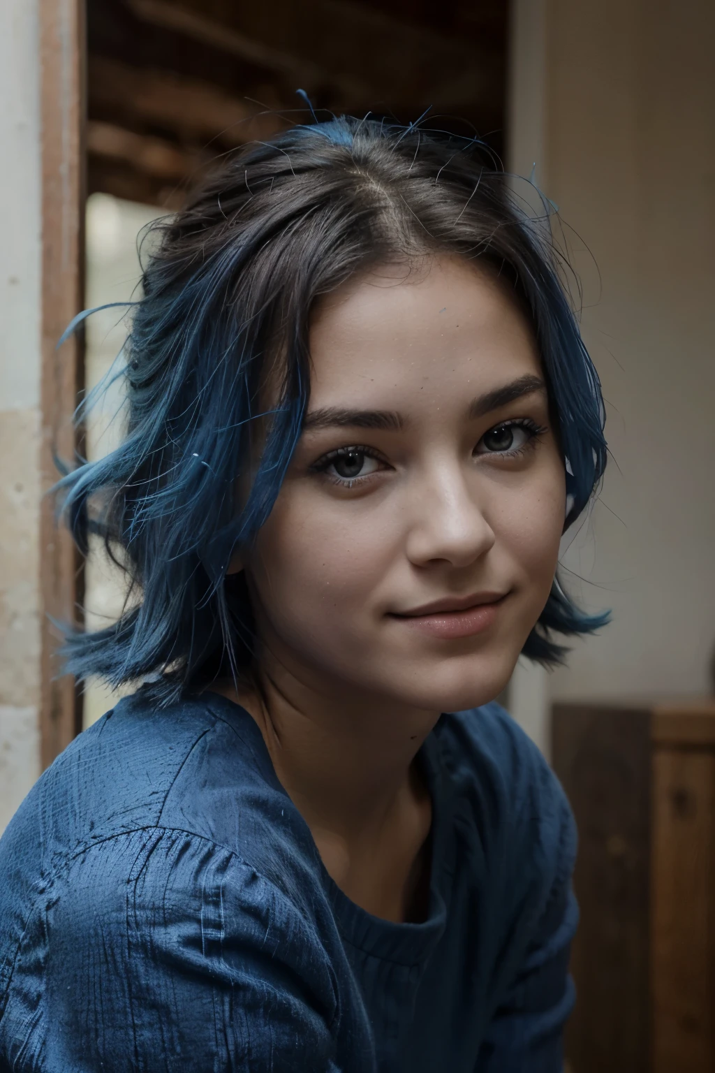 jeune fille - de face - regard profond - cheveux bleux foncé - (((((cheveux bleus))))) - cute - taches de rousseurs - cheveux court - (cheveux bouclés) - cheveux très court - fond neutres - yeux identiques - image HD - portrait - (cheveux bleus) - peaux parfaite - Little smile, cheveux très bleus, nez rond