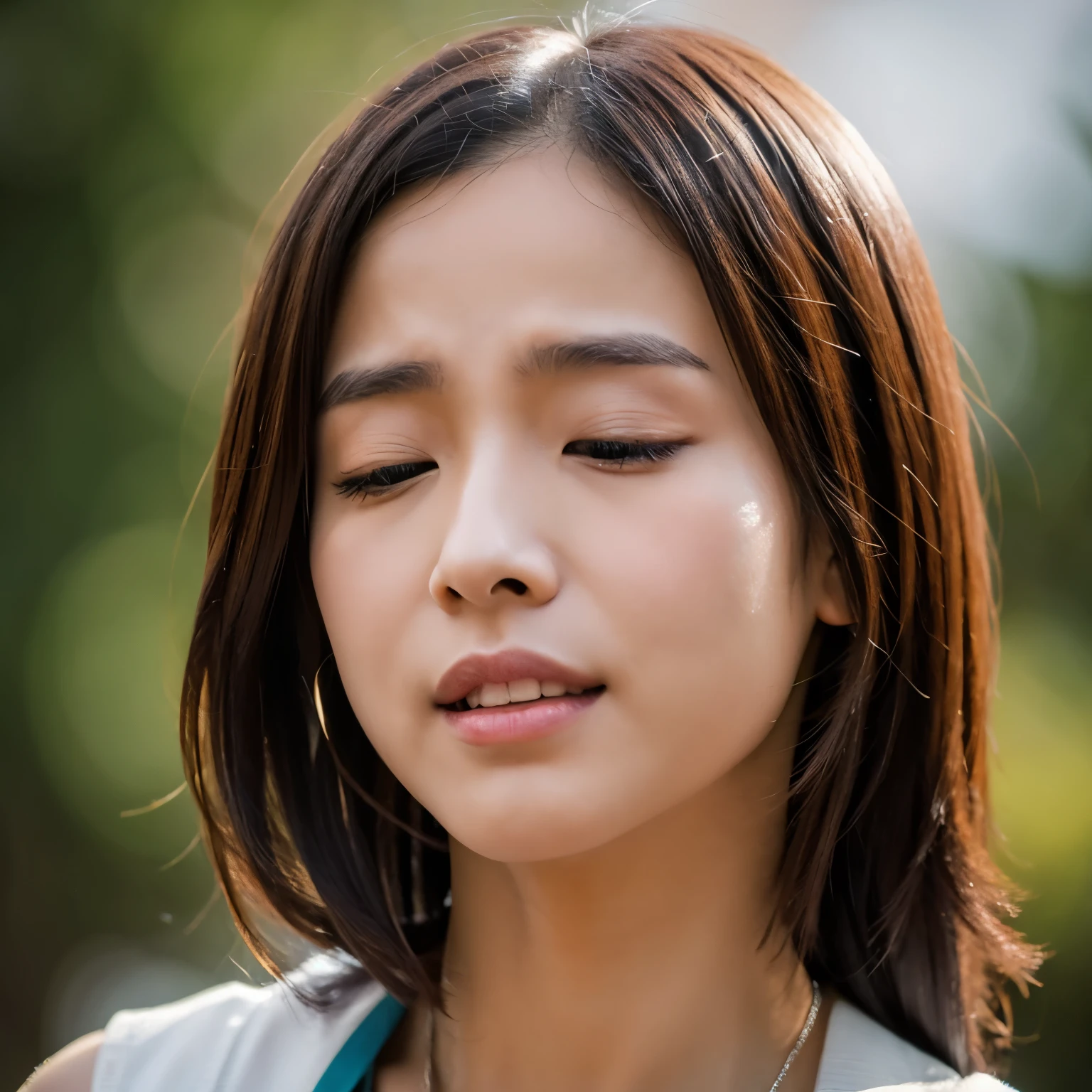 1girl, [closed eyes: (narrowed eyes:1.3):11], blush, (tears:0.6), open mouth