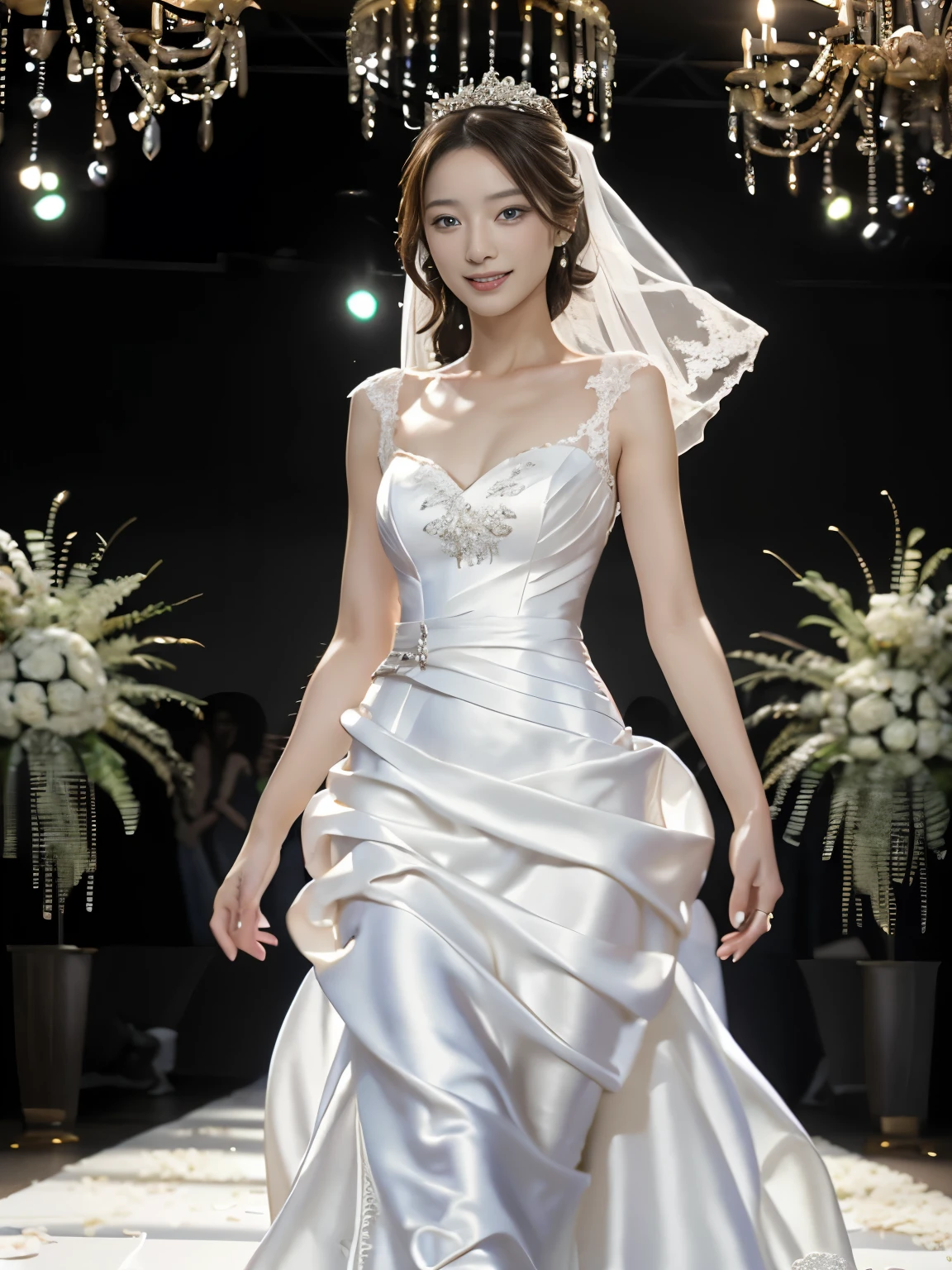 (A super sexy Korean lady in a wedding dress walking down the aisle:1.2)(grin,Smile)(Beautiful Sweat:1.1)(16K, RAW Photos, Highest quality, masterpiece: 1.2),(Mr.々Beautiful brown hair with a simple hairstyle:1.2) Super detailed, Super Resolution, (Genuine, Genuine photos: 1.37), Portraiture, High-resolution RAW color photos, Professional photos, Very detailed, 8k wallpaper, Very detailed CG Unity 8k wallpaper, Very detailed beautiful lady, Very detailed faces, ((whole body)), beautiful woman, Huge breasts,(huge boobs:1.1) (Big Boobs:1.1), Beautiful Wife (Wedding dress),, (Actress-level beauty)(Beautiful aunt:1.1)(Wedding aisle)(50-year-old female president:1.2)(50years old)Nasolabial folds