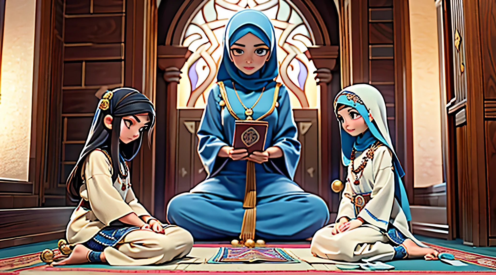 good image, best image, good quuality, A girl in a mosque, beautiful detailed eyes, beautiful detailed lips, extremely detailed eyes and face, long eyelashes, 2 girls reading Quran, peaceful atmosphere, Islamic decorations, prayer mats, Islamic calligraphy, traditional clothing, prayer beads, soft lighting, calm expressions, religious devotion, serene surroundings, Quran verses on the walls, religious symbols, traditional Islamic architecture, women empowerment, spiritual connection, respectful silence, divine guidance, focus and concentration, sacred worship, prayerful ambiance, unity in faith, tranquil atmosphere, religious education, deep spirituality, cultural diversity, modesty, faith in God, devotion to Islam, learning and enlightenment, knowledge and wisdom, pious behavior, humility and reverence, spiritual growth, bond of sisterhood, devoted Muslim girls, unity and harmony, spiritual journey, inner peace, noble values, dedication to learning. (best quality, high-res, ultra-detailed, photo-realistic:1.37), Islamic art, portraits, vivid colors, warm tones, soft and diffused lighting.