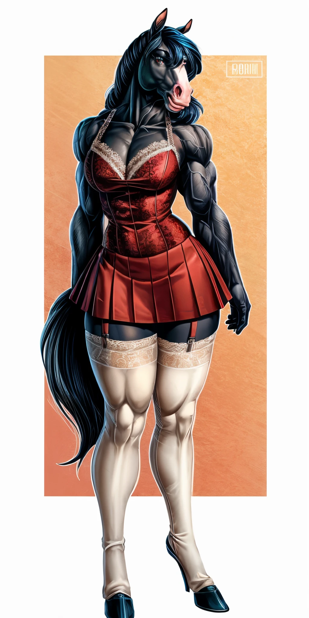 There is a woman wearing a black and red dress,,(horse girl), , (stockings), lace trim clothing,tight skirt,  muscular female