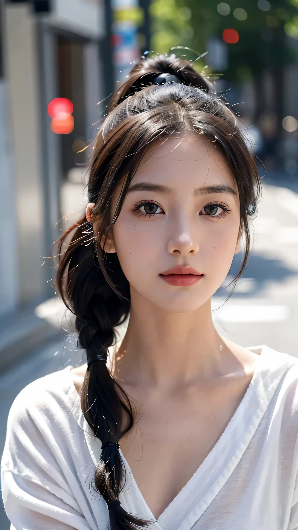 One woman,fully body photo,masutepiece, The highest image quality, High quality, the background is clear，Beautiful woman, Japanese, Detailed, Detailed eyes, Detailed skin, Beautiful skin, 超hight resolution, (reality: 1.4),Very beautiful woman, Slightly younger face, Beautiful skin, slender, (Ultra photo realsisim), (hight resolution), (8K), (Very detailed) (beautifully detailed eyes), (super detailed),   (Detailed face), view the viewer, Fine details, Detailed face, Staring straight ahead, Staring straight ahead, photos realistic, Bright lighting, Professional Lighting, Black hair,poneyTail,a baby face,sixteen years old,髪型はponeyTail,ロングのponeyTailの髪型,slight smile,Long Sleeve Knitwear,European Streets