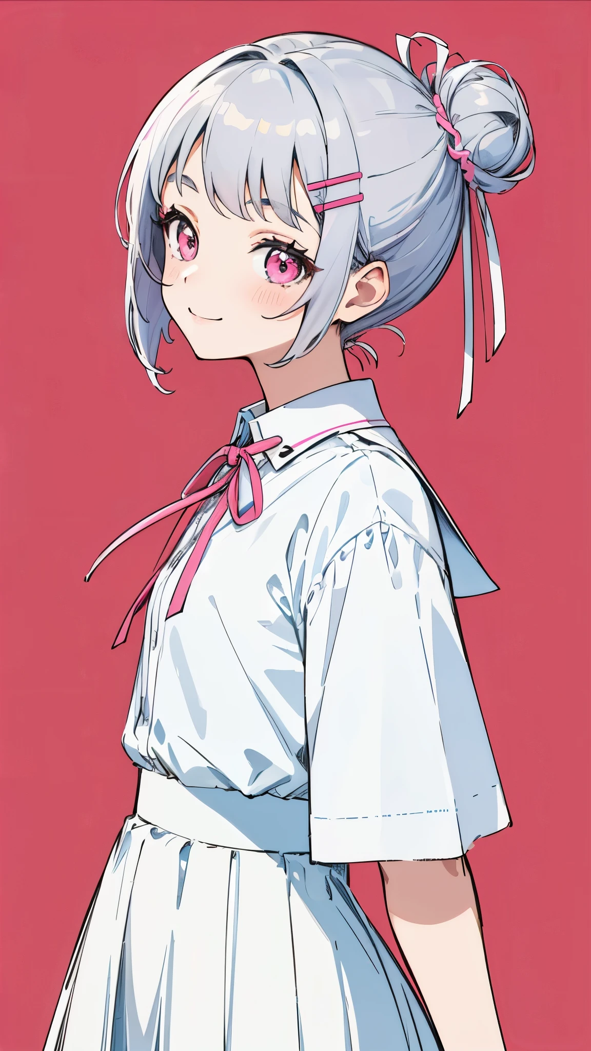 masterpiece、highest quality、High resolution、very detailed、Detailed background、1 girl、She is 17 years old、Medium chest、school uniform、white blouse、culottes、pink ribbon、short silver hair and bob hairstyle、hair tied in a bun with a hair clip、pink eyes、smile、From the side